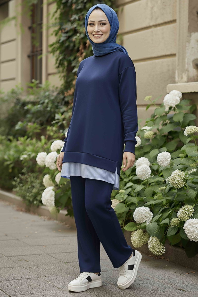 Eteği Çizgili Modal İkili Takım - 28028-LACIVERT - TOFİSA