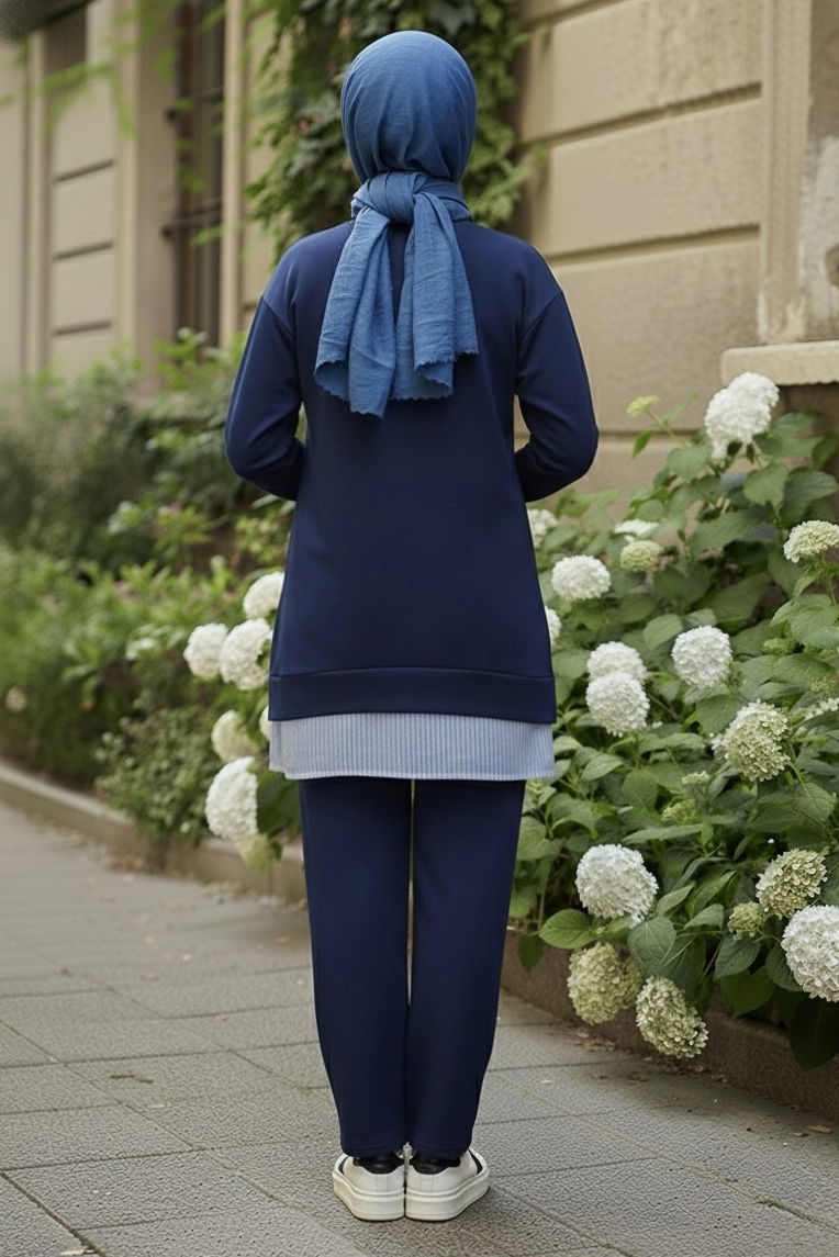 Eteği Çizgili Modal İkili Takım - 28028-LACIVERT - TOFİSA