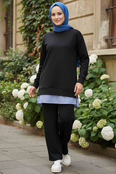 Eteği Çizgili Modal İkili Takım - 28028-SIYAH 