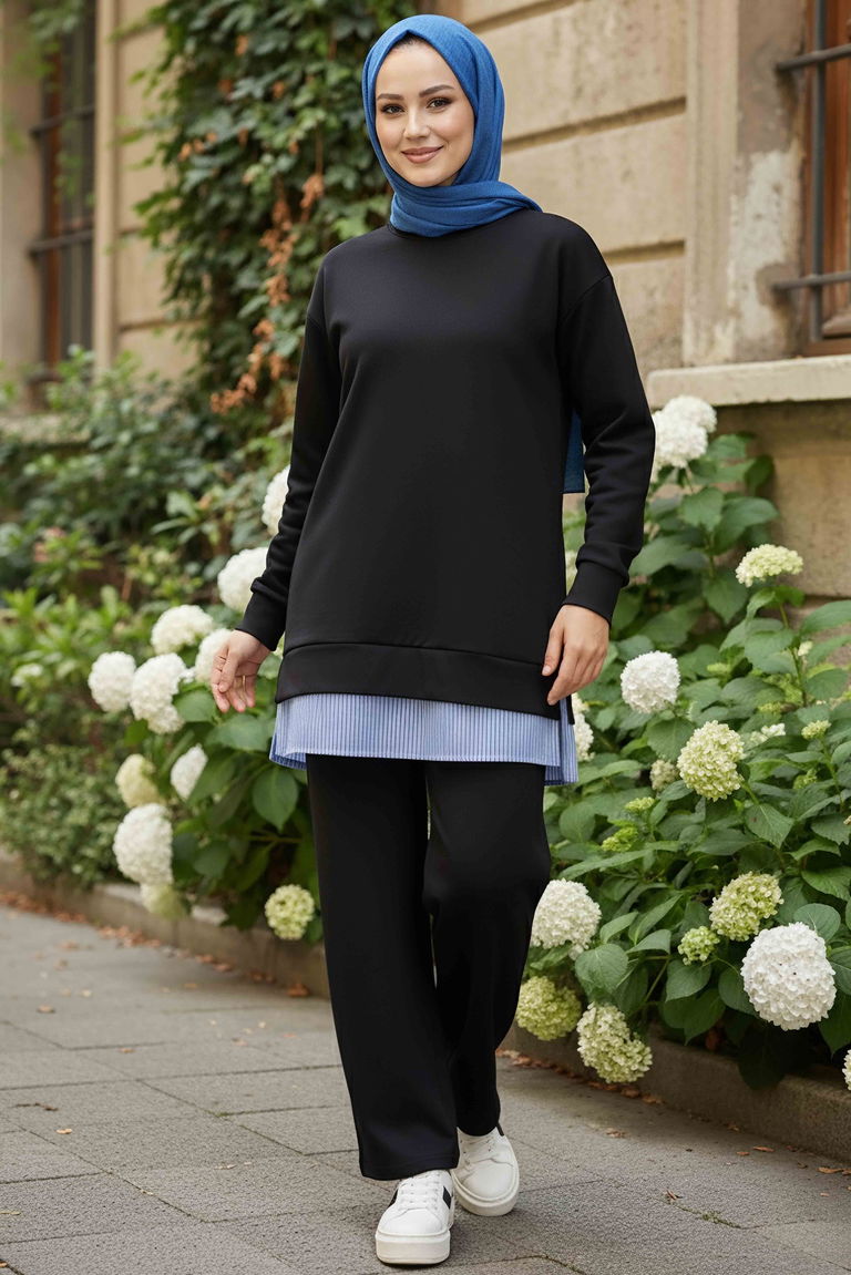 Eteği Çizgili Modal İkili Takım - 28028-SIYAH - TOFİSA