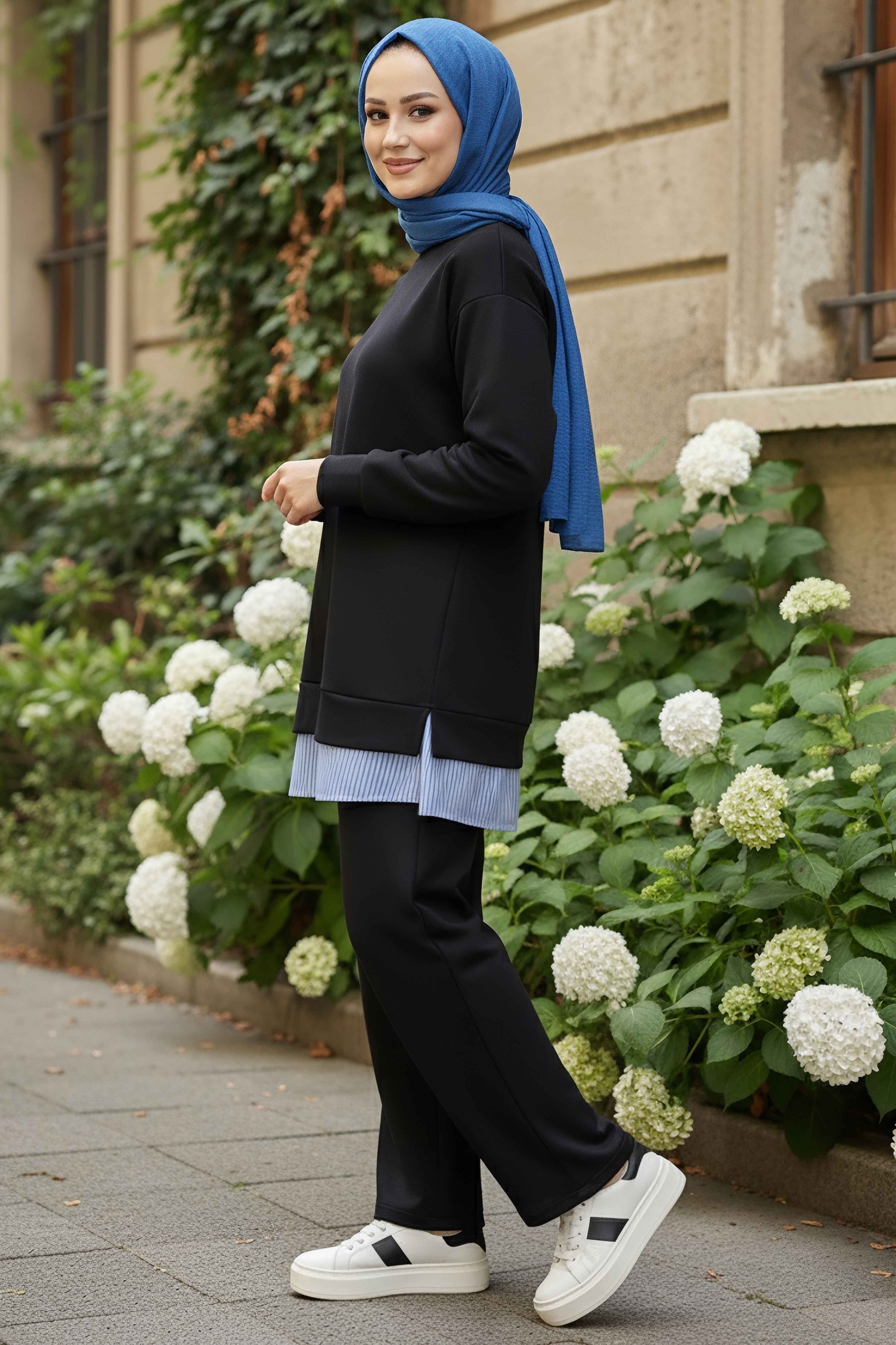 Eteği Çizgili Modal İkili Takım - 28028-SIYAH - 2