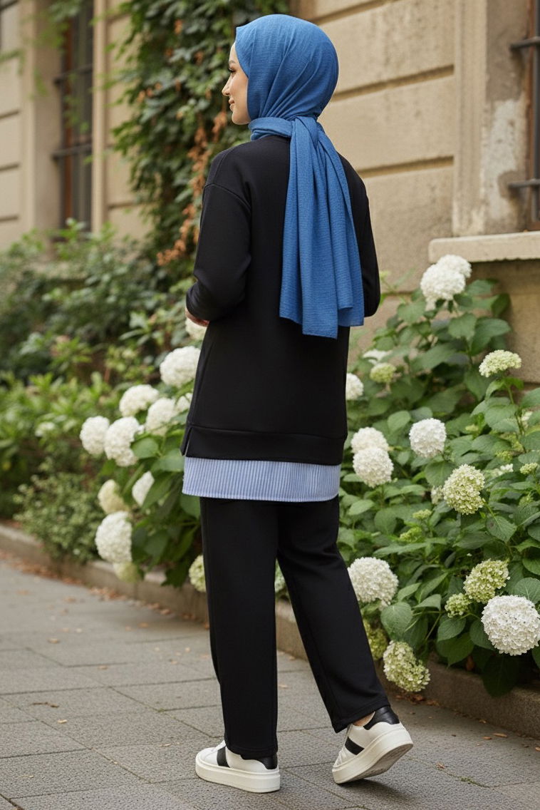 Eteği Çizgili Modal İkili Takım - 28028-SIYAH - 3