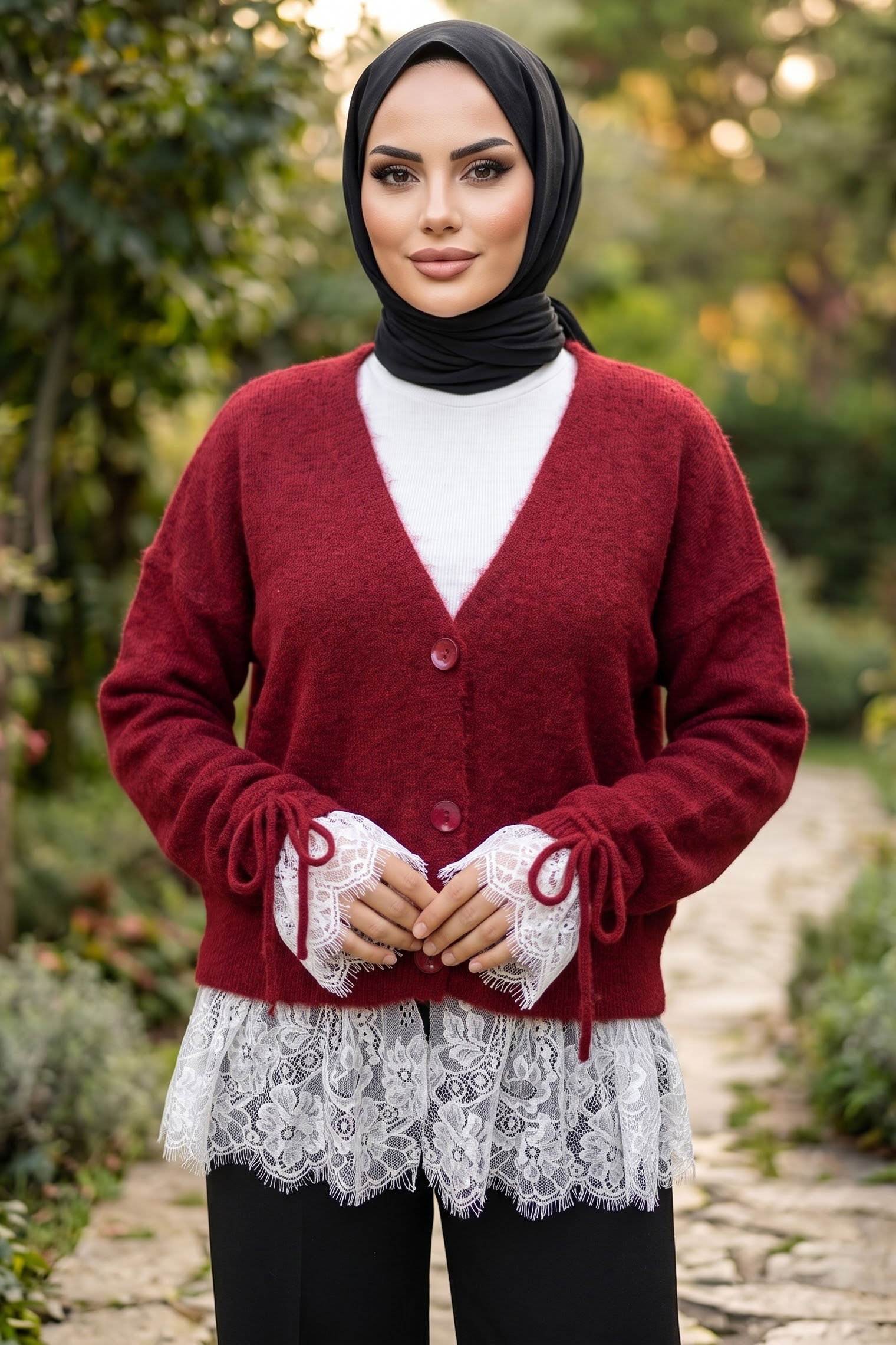 Eteği Dantelli Düğmeli Hırka Bordo - 29290-BORDO - 1