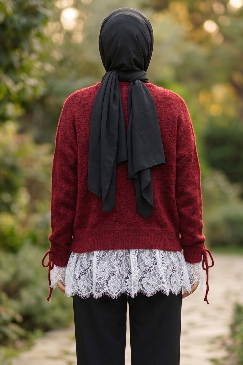 Eteği Dantelli Düğmeli Hırka Bordo - 29290-BORDO - 3