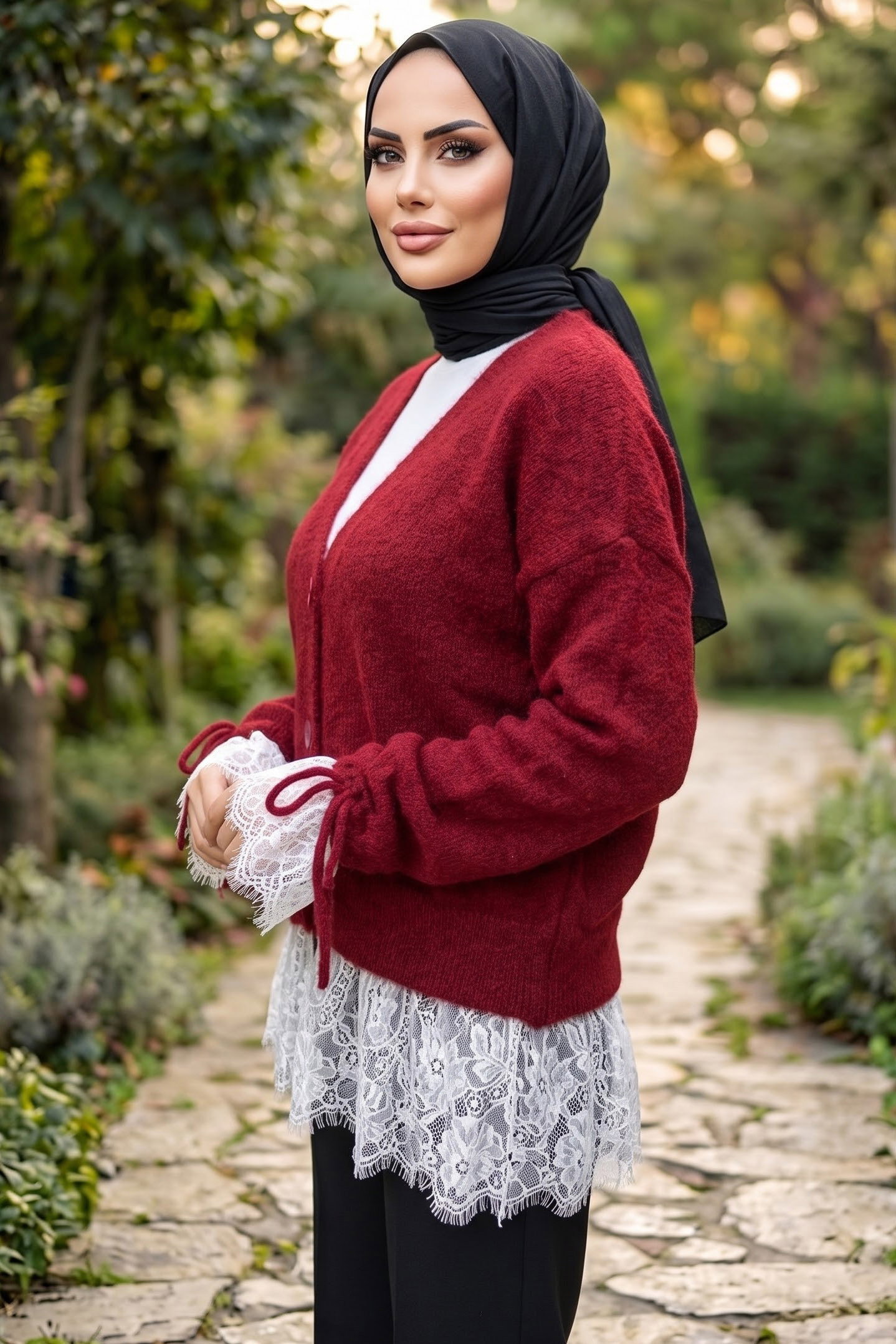Eteği Dantelli Düğmeli Hırka Bordo - 29290-BORDO - 2
