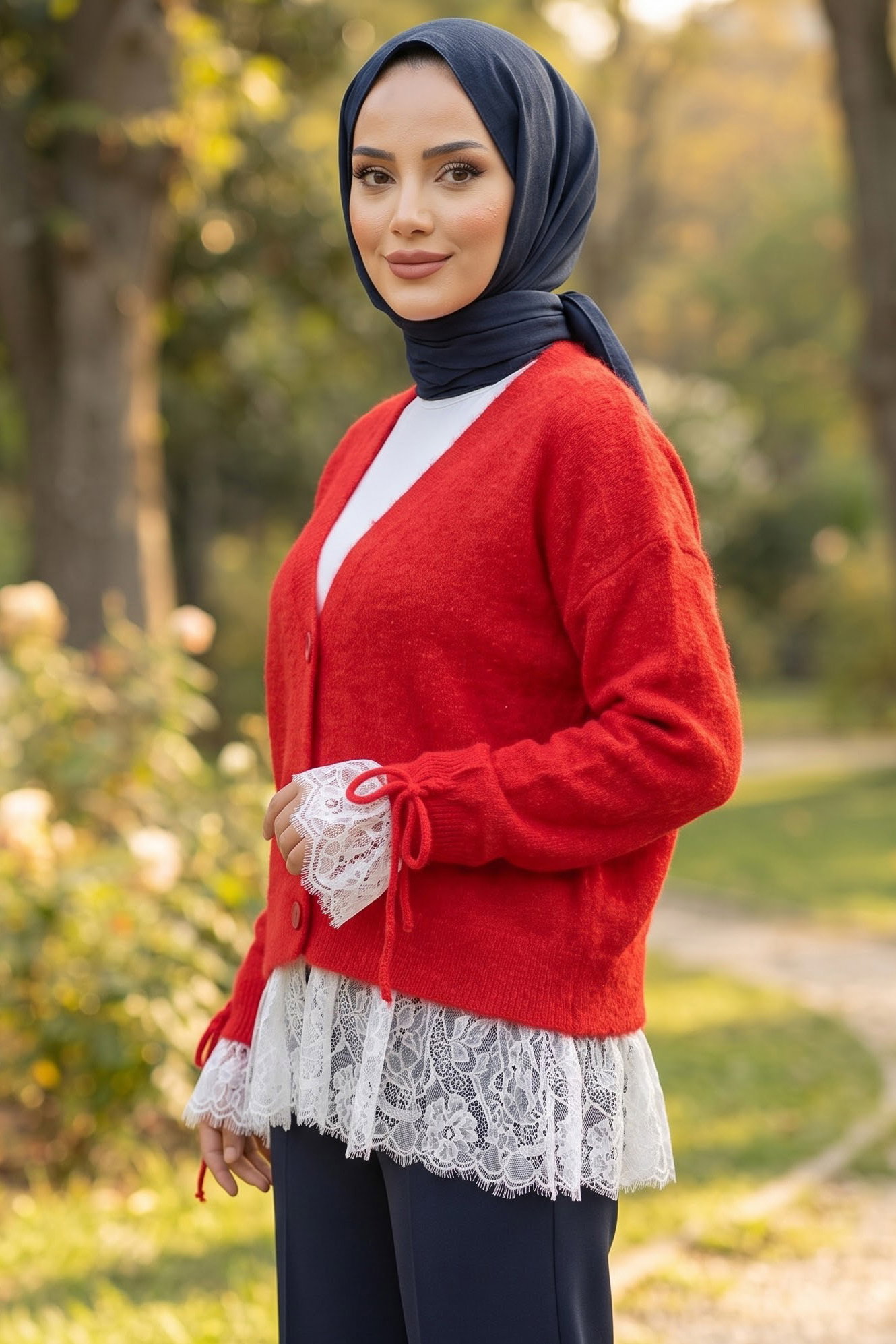 Eteği Dantelli Düğmeli Hırka Kirmizi - 29290-KIRMIZI - 1