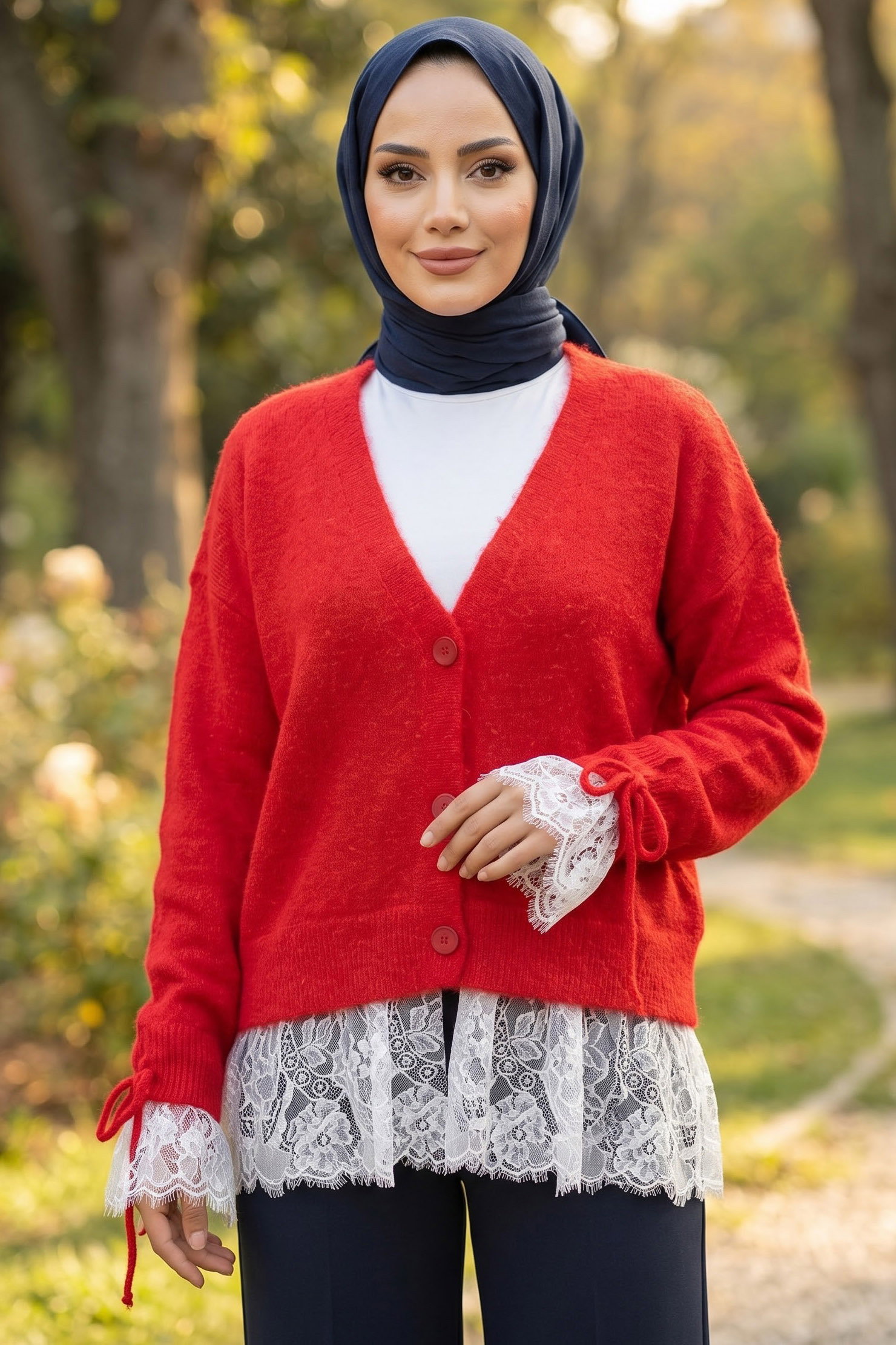 Eteği Dantelli Düğmeli Hırka Kirmizi - 29290-KIRMIZI - 2