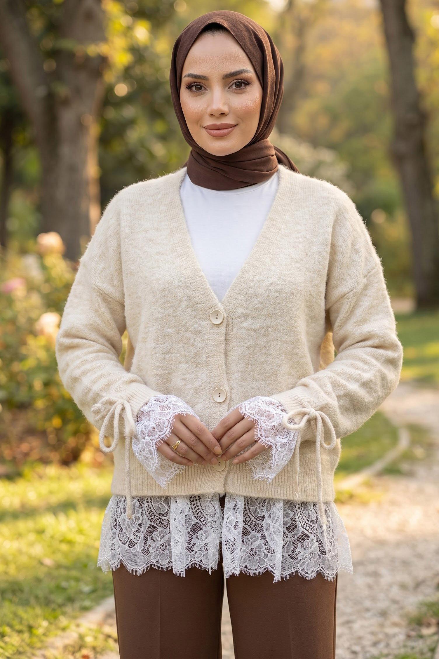 Eteği Dantelli Düğmeli Hırka Krem - 29290-KREM - 1