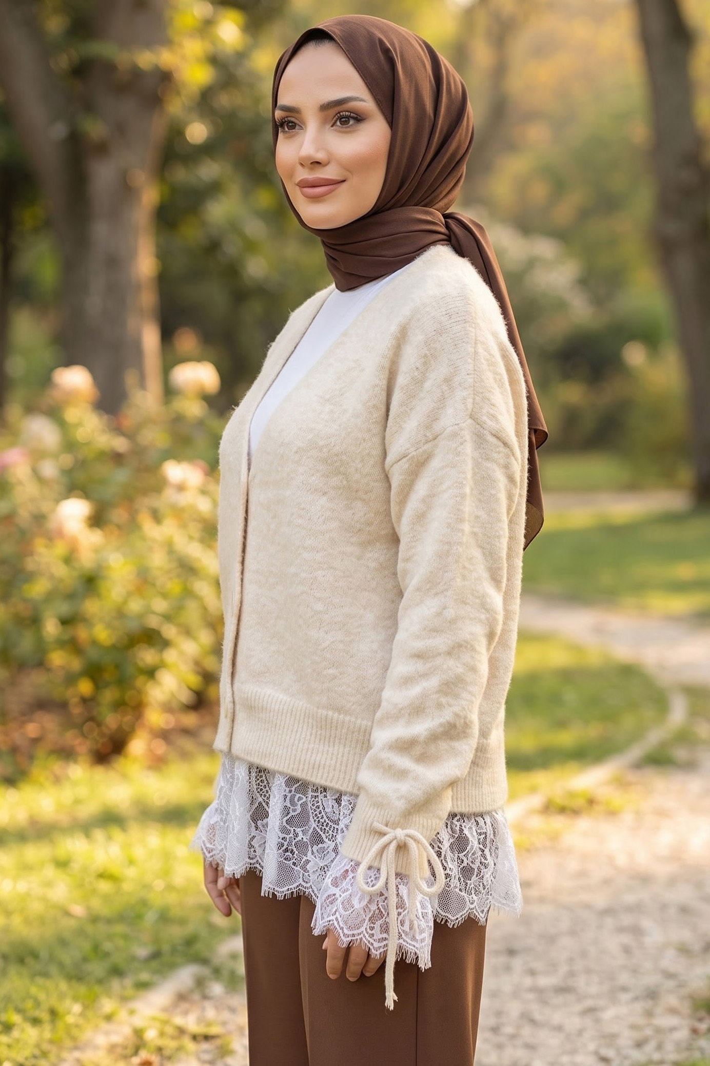 Eteği Dantelli Düğmeli Hırka Krem - 29290-KREM - 2