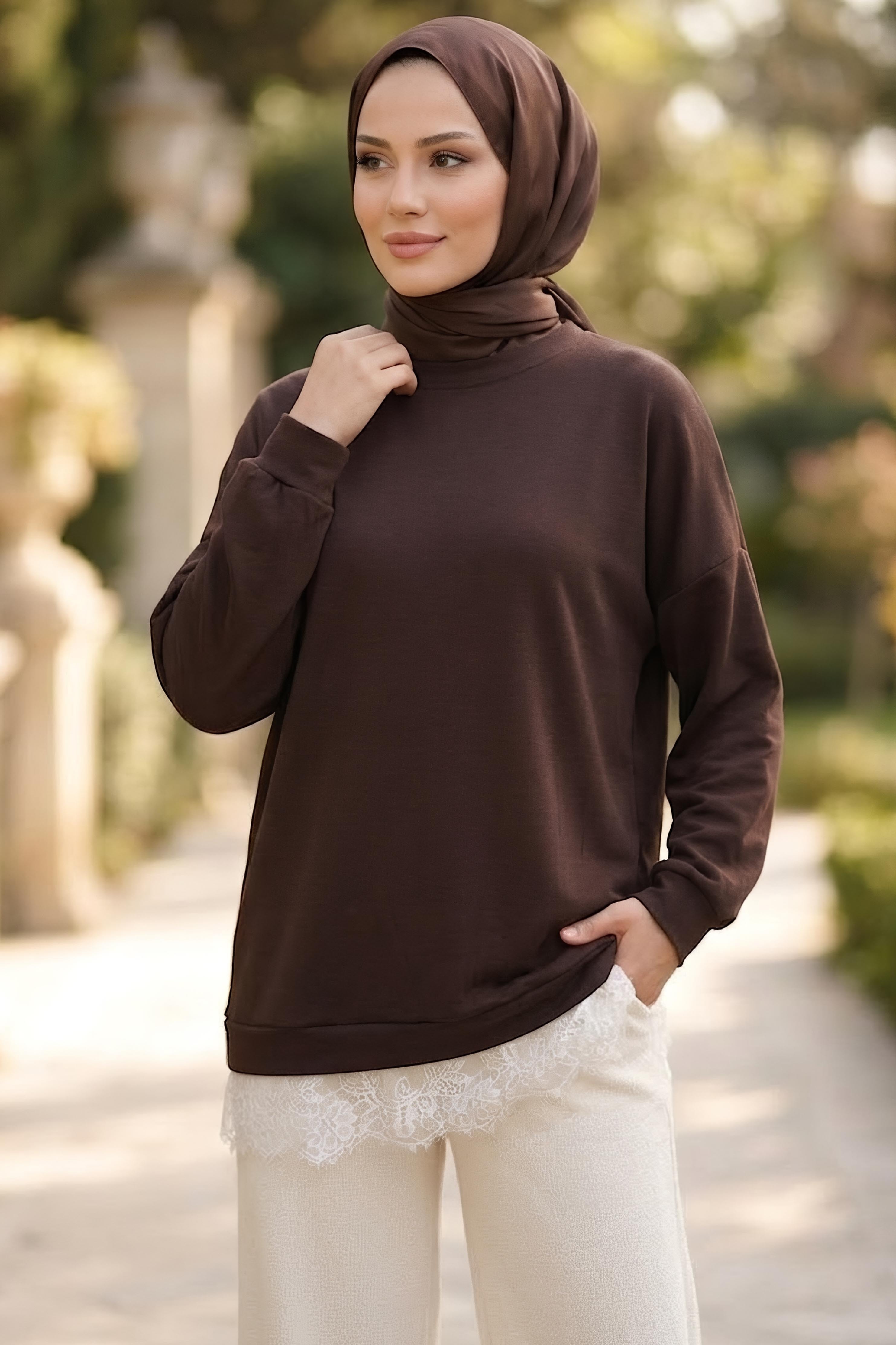 Eteği Dantelli Modal Tunik Kahve - 28862-KAHVE - 1