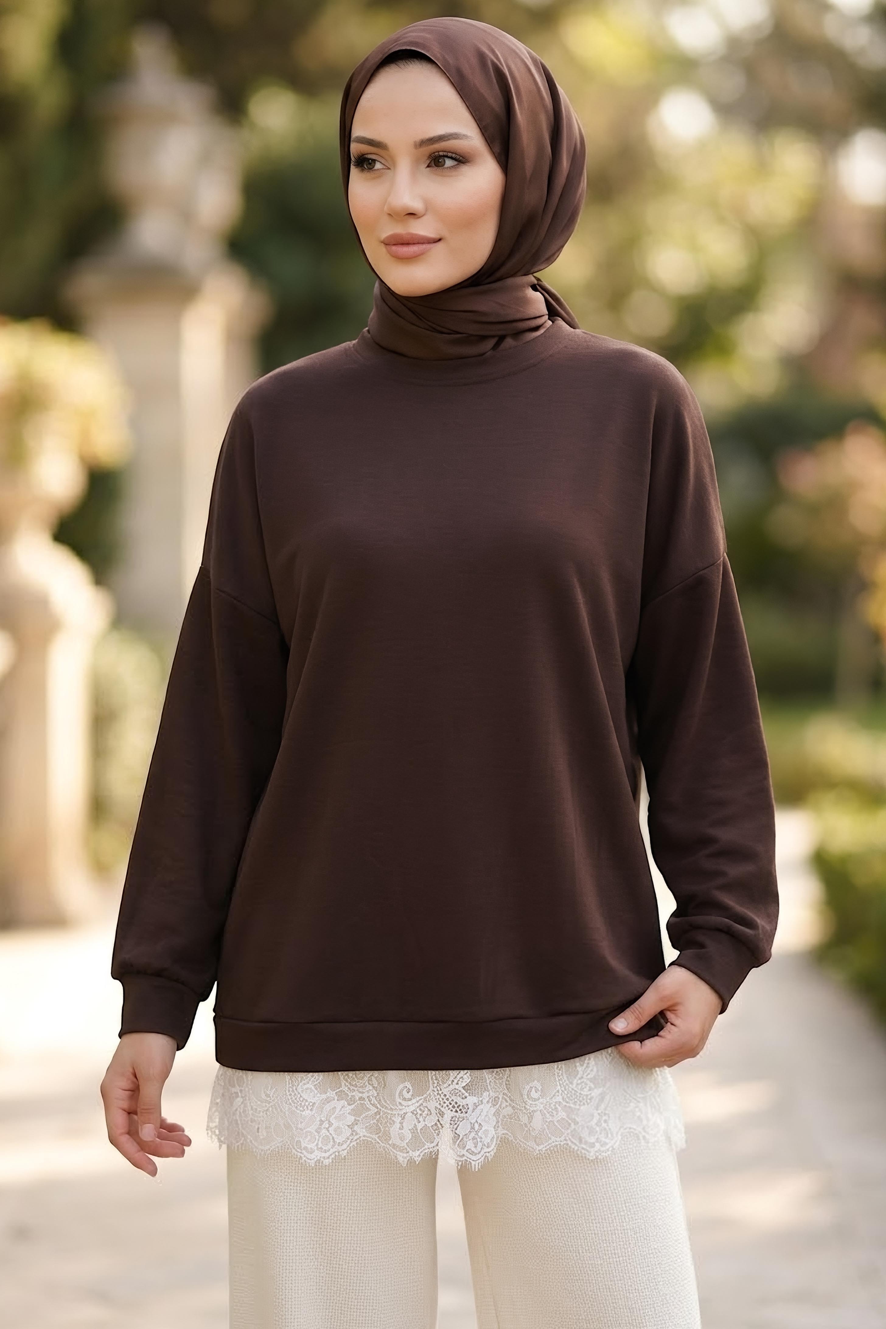 Eteği Dantelli Modal Tunik Kahve - 28862-KAHVE - 2
