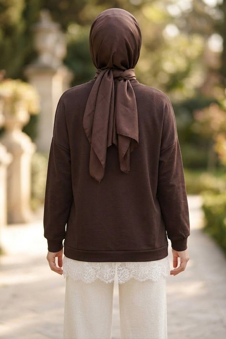 Eteği Dantelli Modal Tunik Kahve - 28862-KAHVE - 3