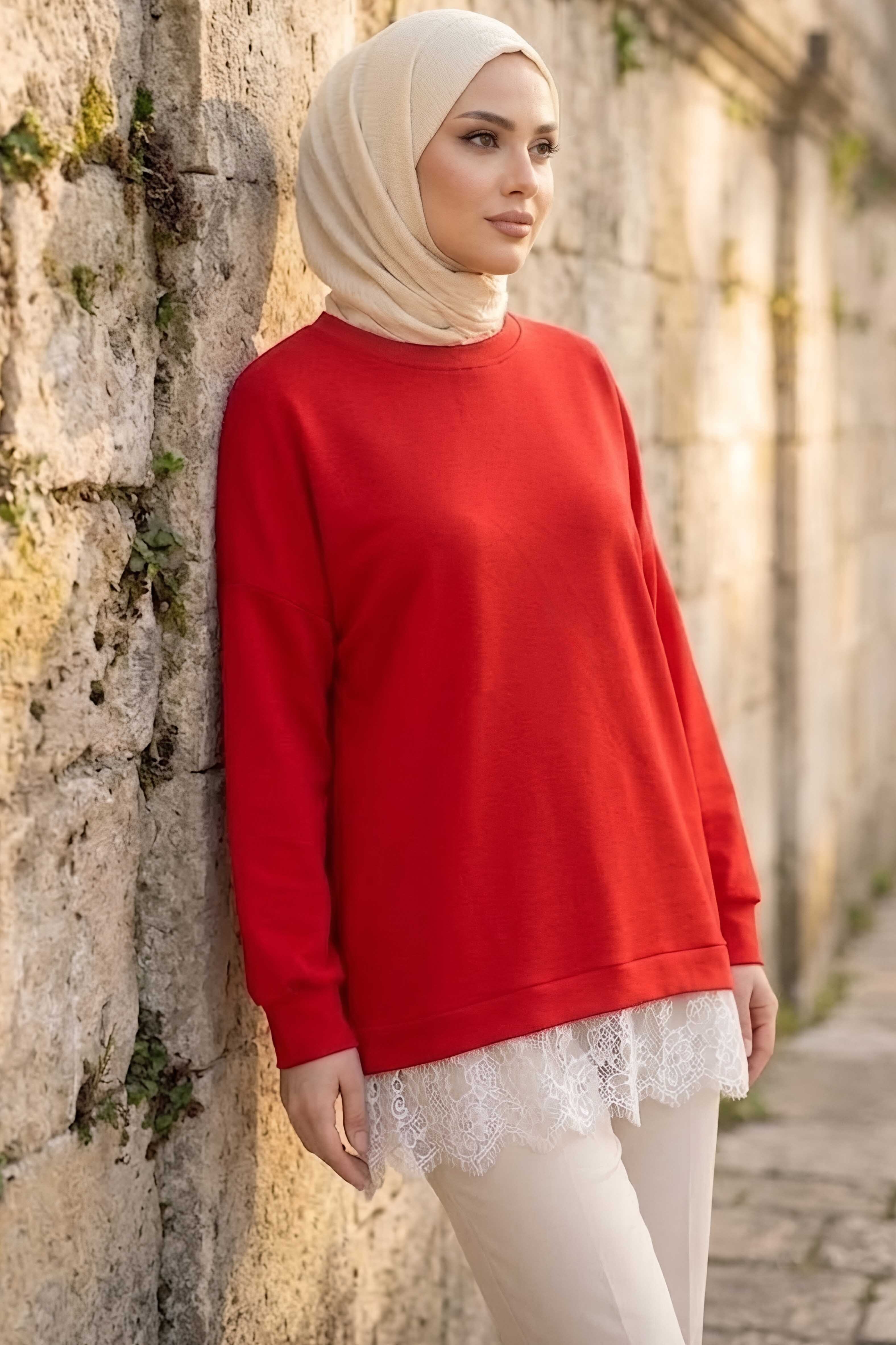 Eteği Dantelli Modal Tunik Kirmizi - 28862-KIRMIZI - 1