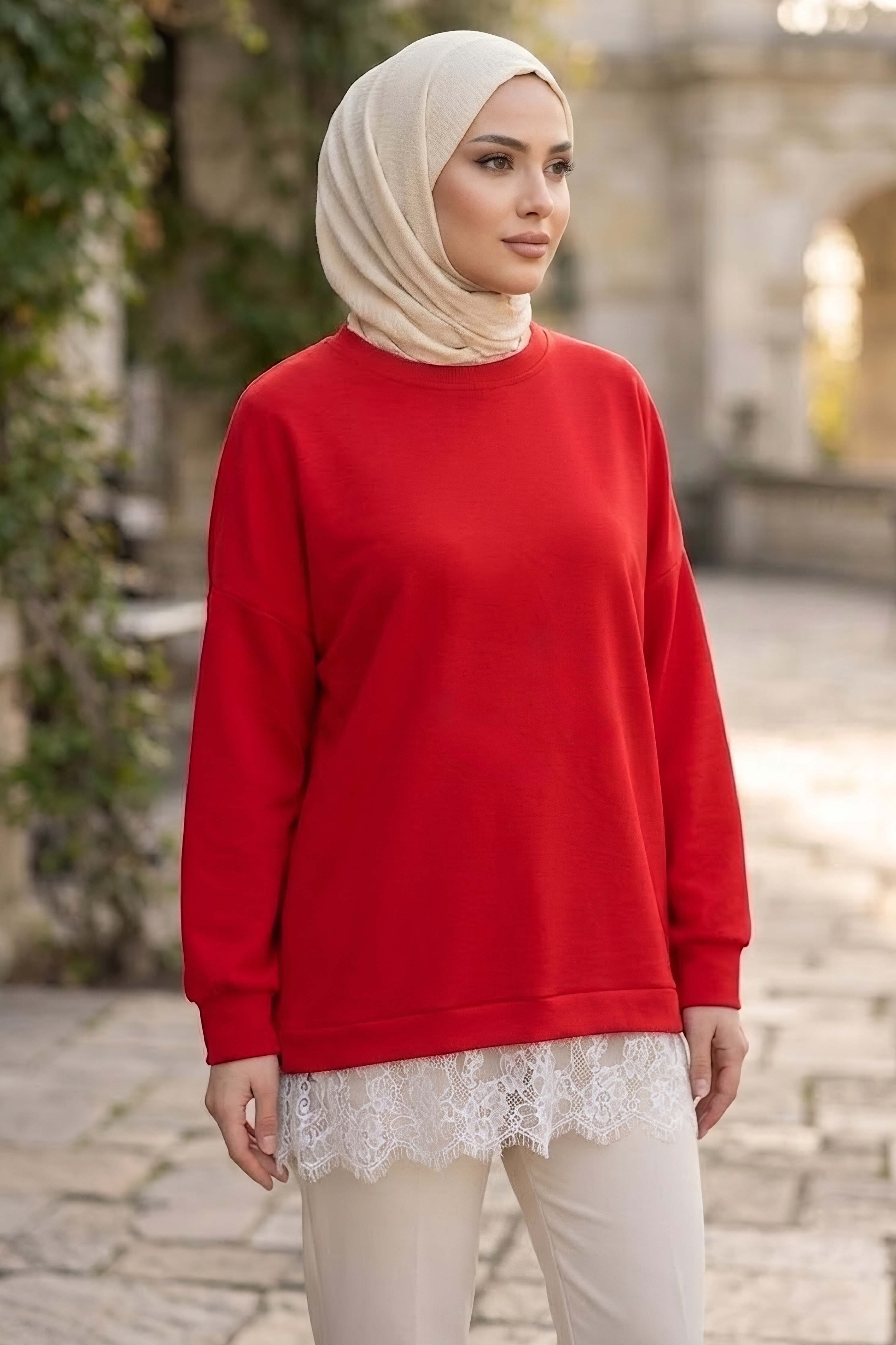 Eteği Dantelli Modal Tunik Kirmizi - 28862-KIRMIZI - 2