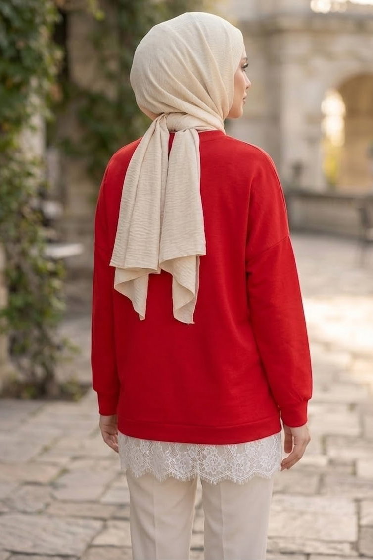 Eteği Dantelli Modal Tunik Kirmizi - 28862-KIRMIZI - 3