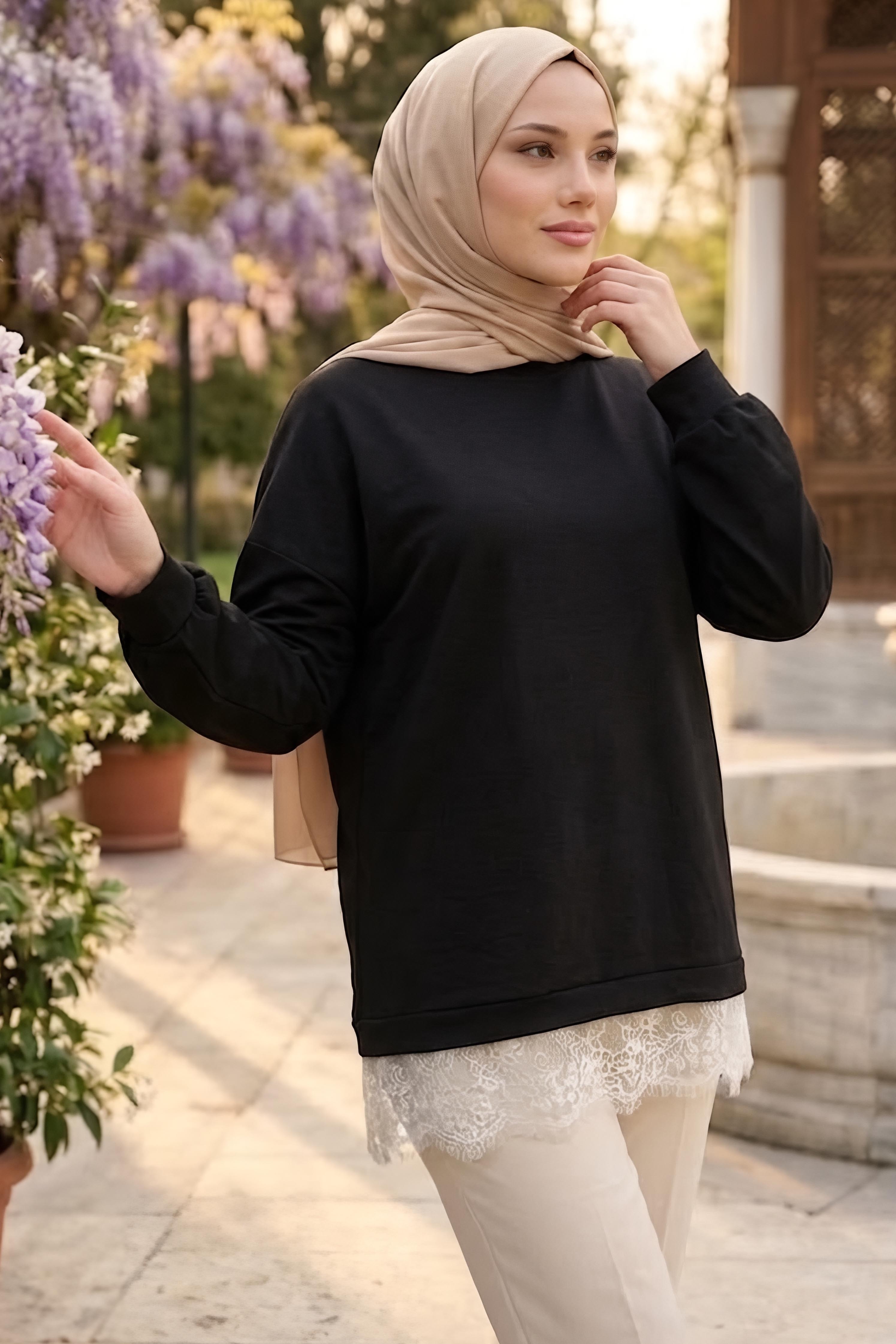 Eteği Dantelli Modal Tunik Siyah - 28862-SIYAH - 1