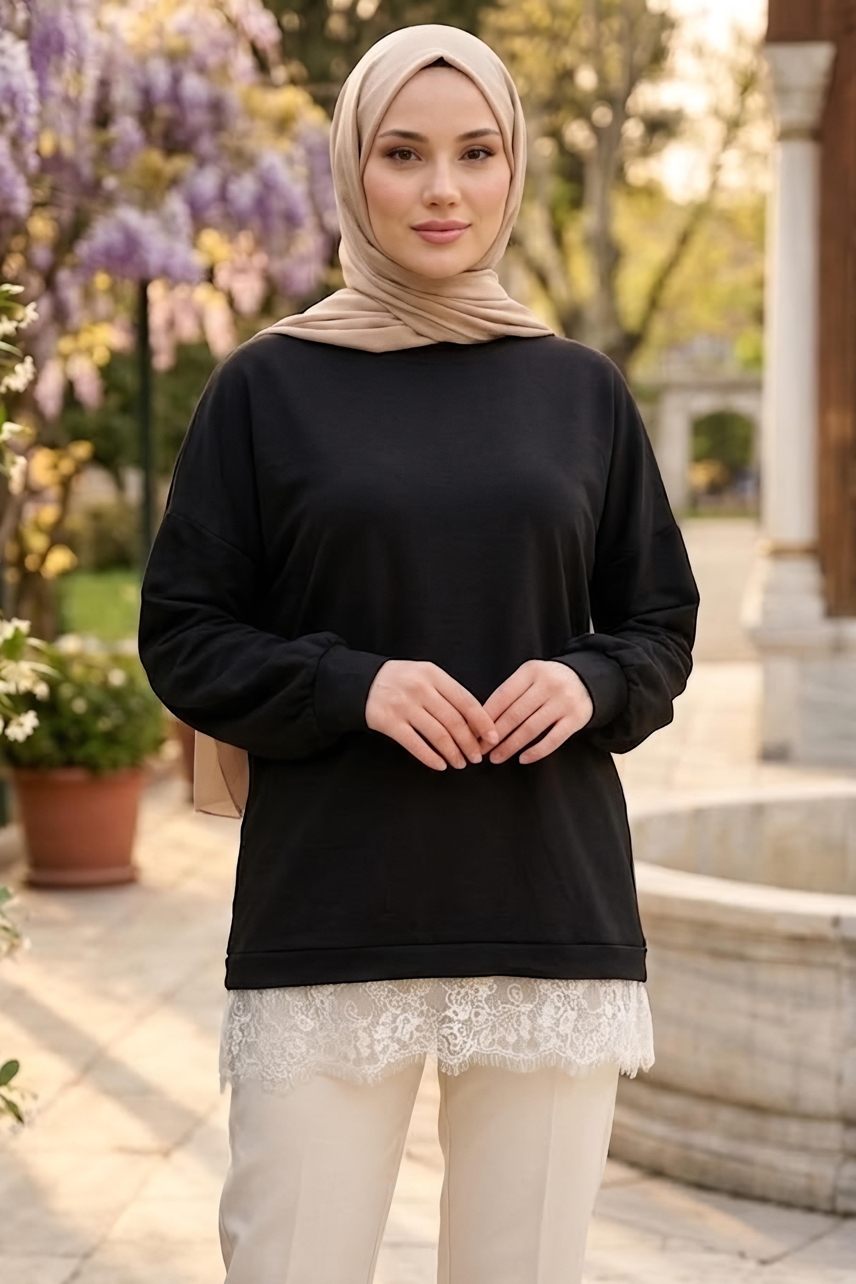 Eteği Dantelli Modal Tunik Siyah - 28862-SIYAH - 2