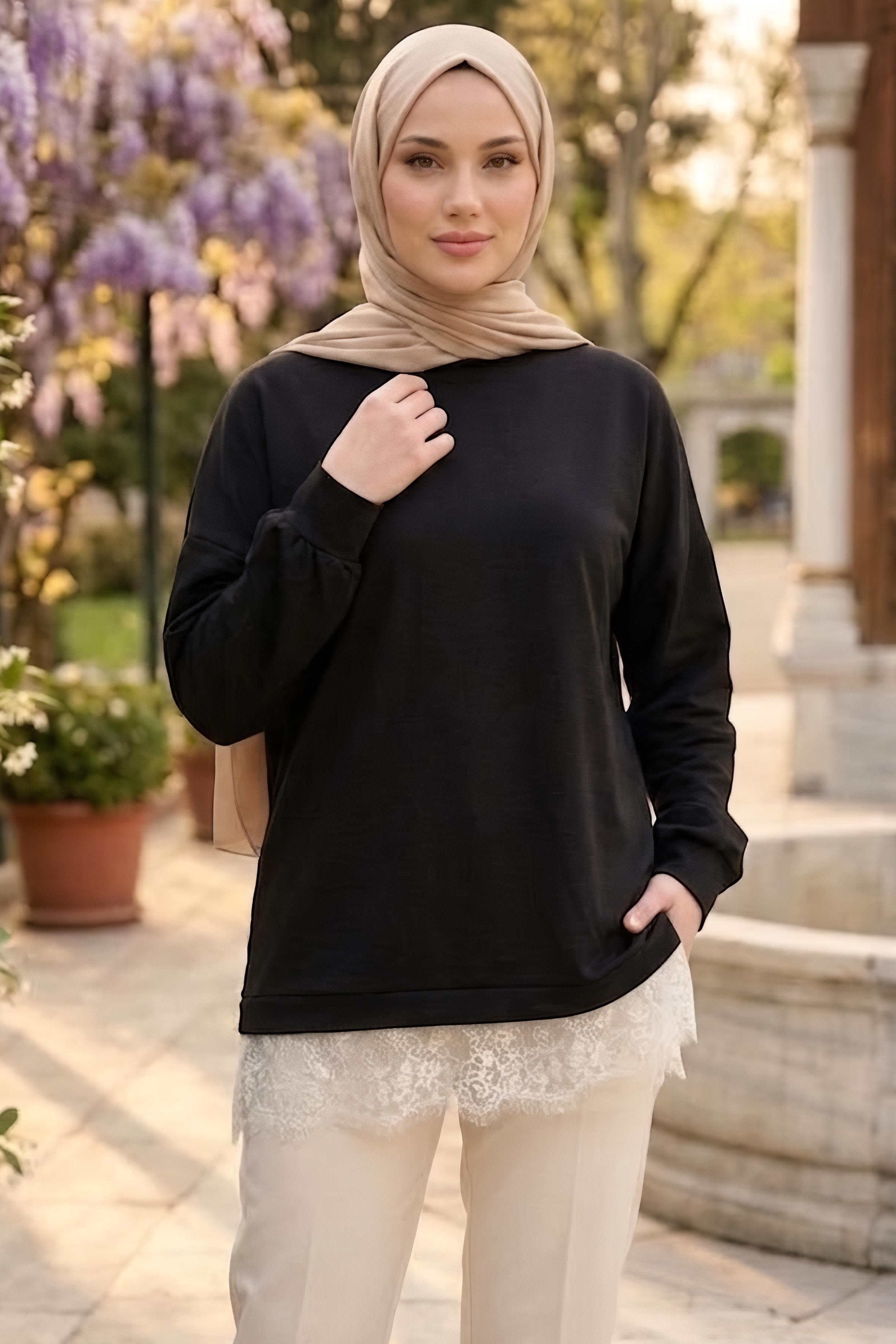Eteği Dantelli Modal Tunik Siyah - 28862-SIYAH - 3