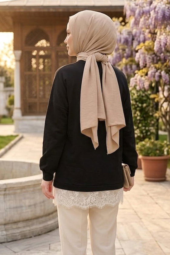 Eteği Dantelli Modal Tunik Siyah - 28862-SIYAH - 5