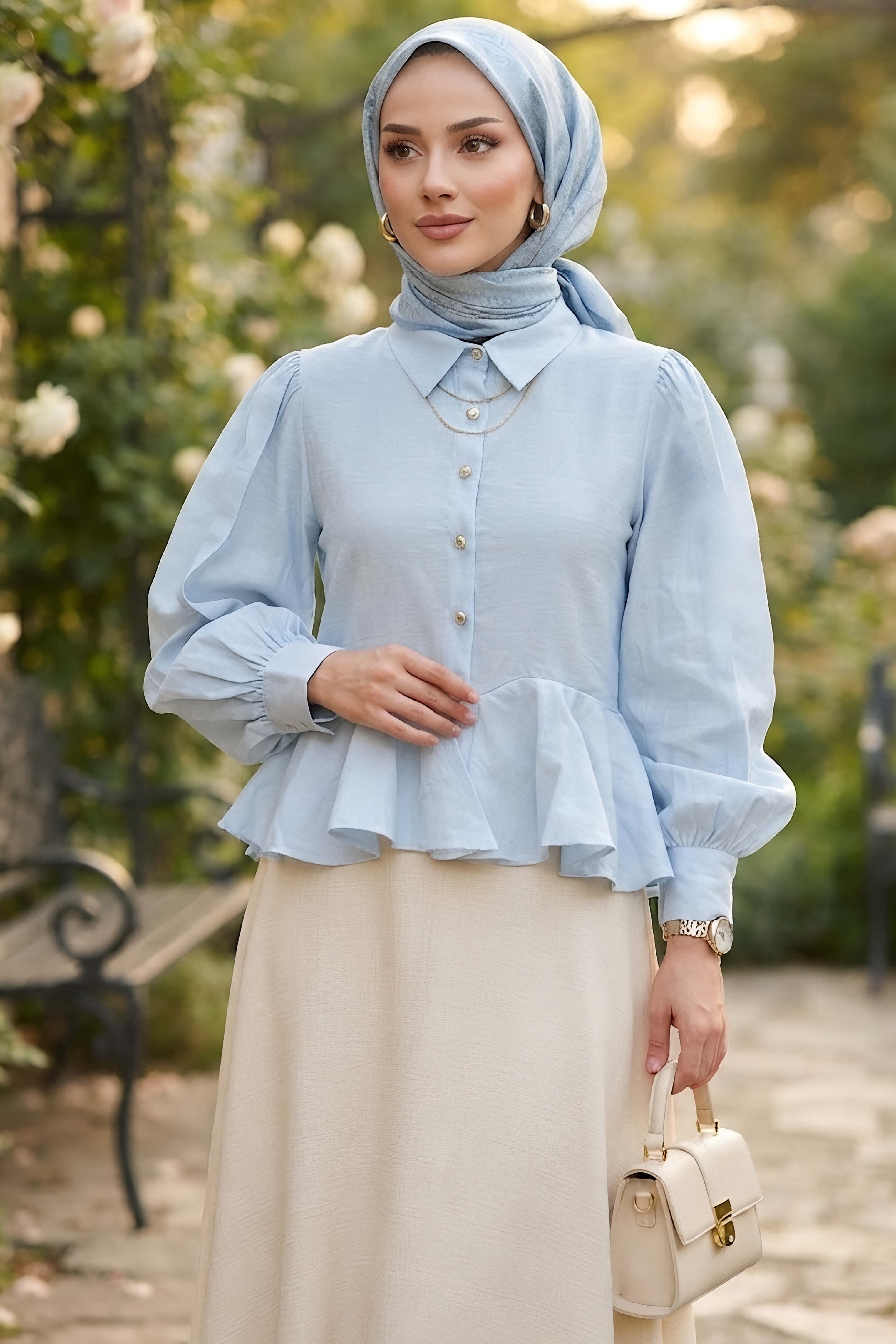 Eteği Pile Detaylı Gömlek Bebe Mavi - 28869-BEBE-MAVI - 1