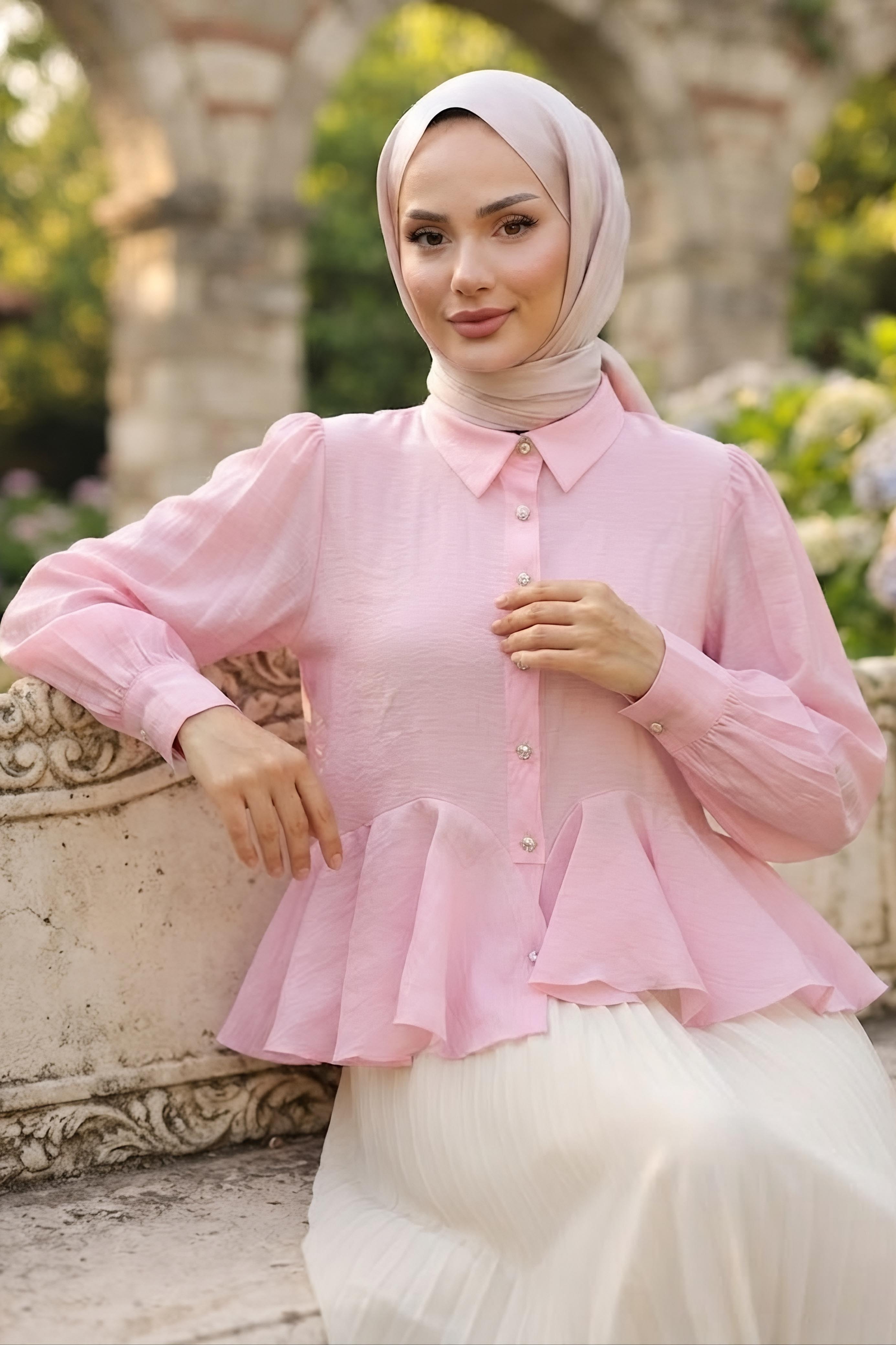 Eteği Pile Detaylı Gömlek Pembe - 28869-PEMBE - 1