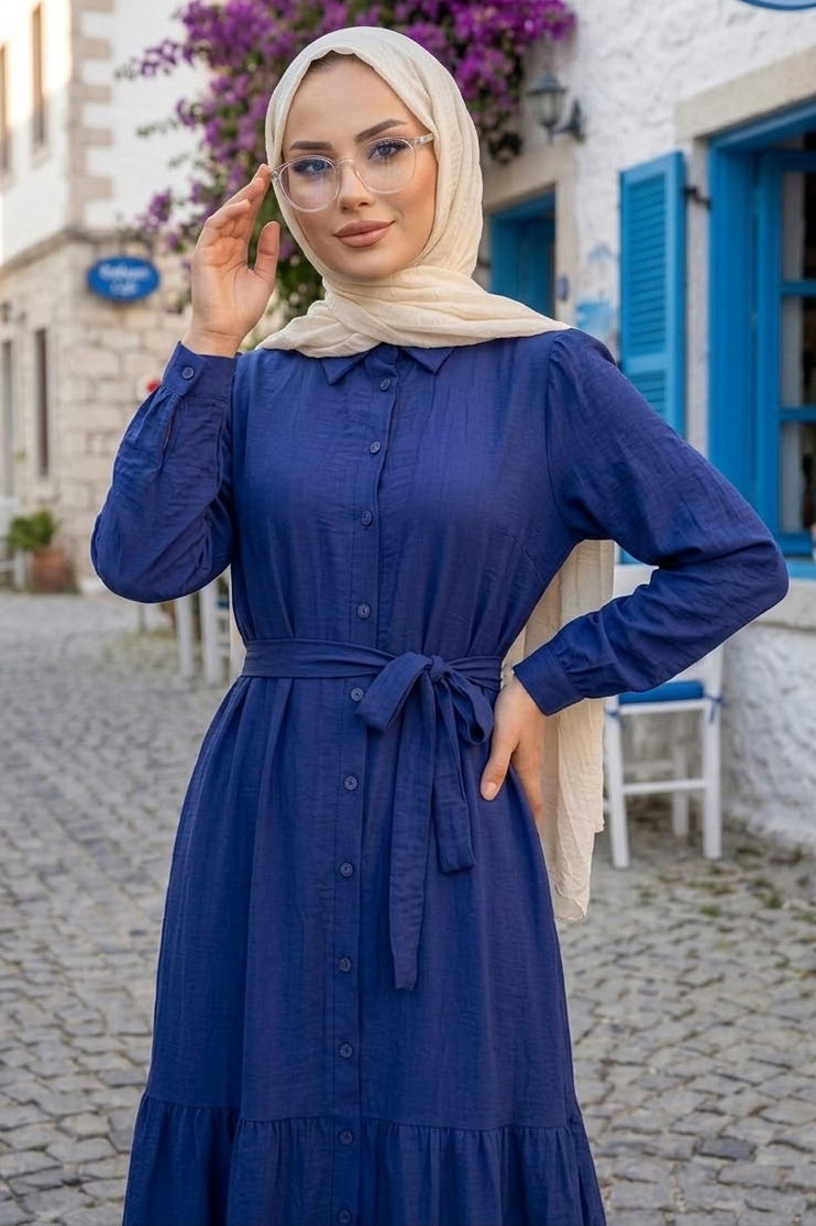 Eteği Pile Detaylı Kuşaklı Elbise Lacivert - 28626-LACIVERT - 2
