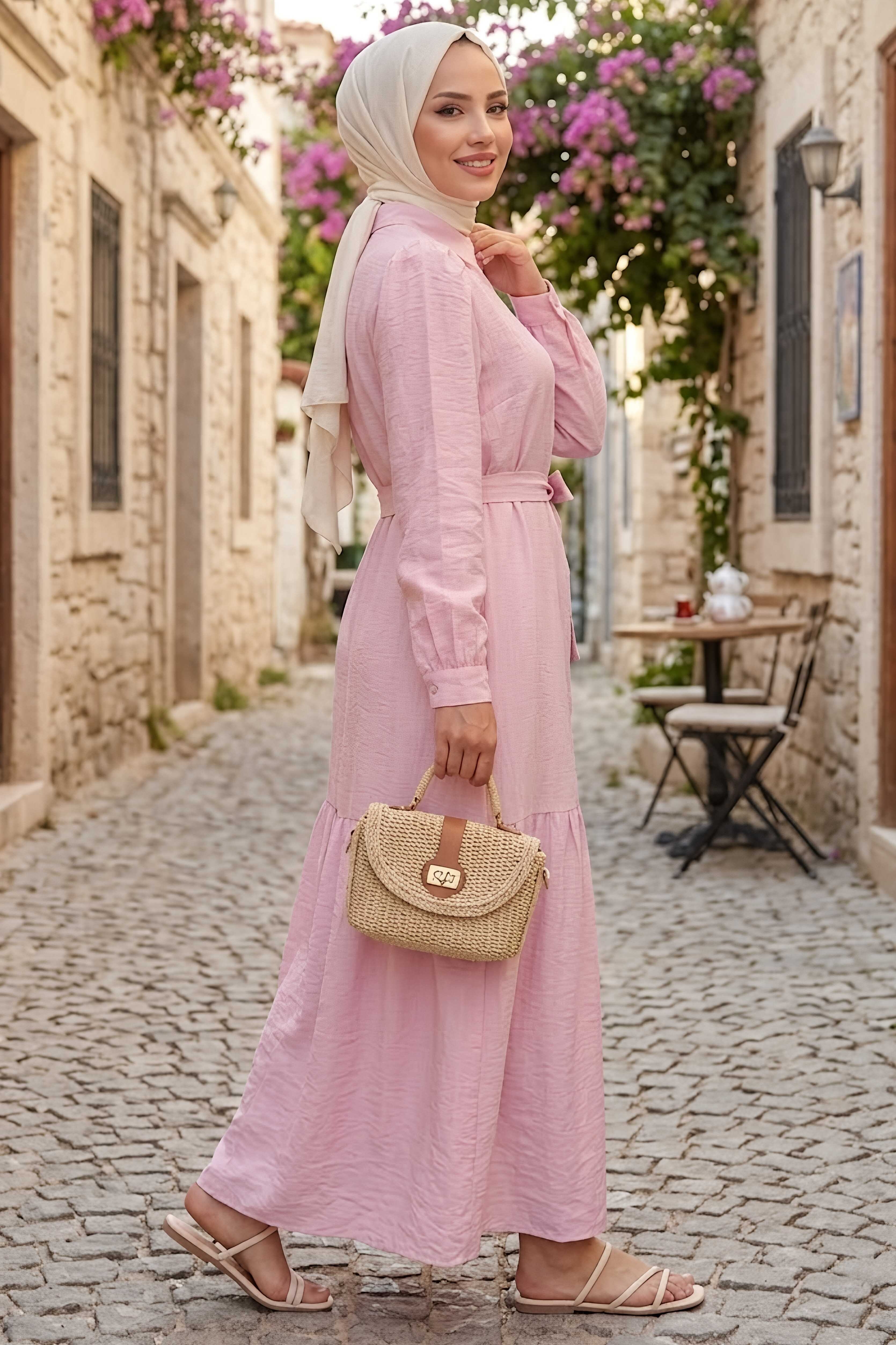Eteği Pile Detaylı Kuşaklı Elbise Pembe - 28626-PEMBE - 2