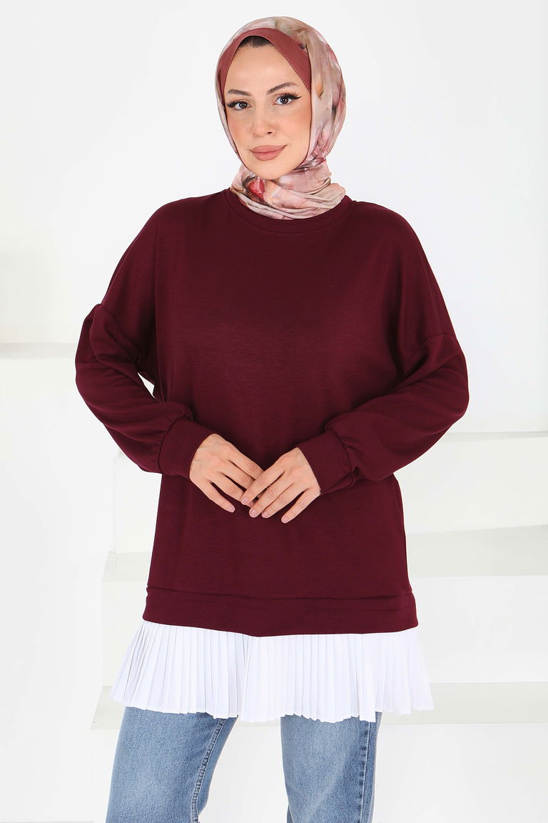 Eteği Pile Detaylı Modal Tunik - 27705-BORDO - TOFİSA