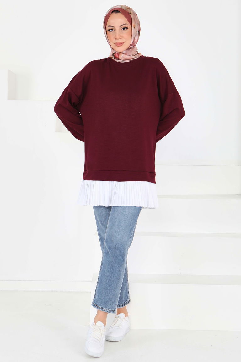 Eteği Pile Detaylı Modal Tunik - 27705-BORDO - TOFİSA