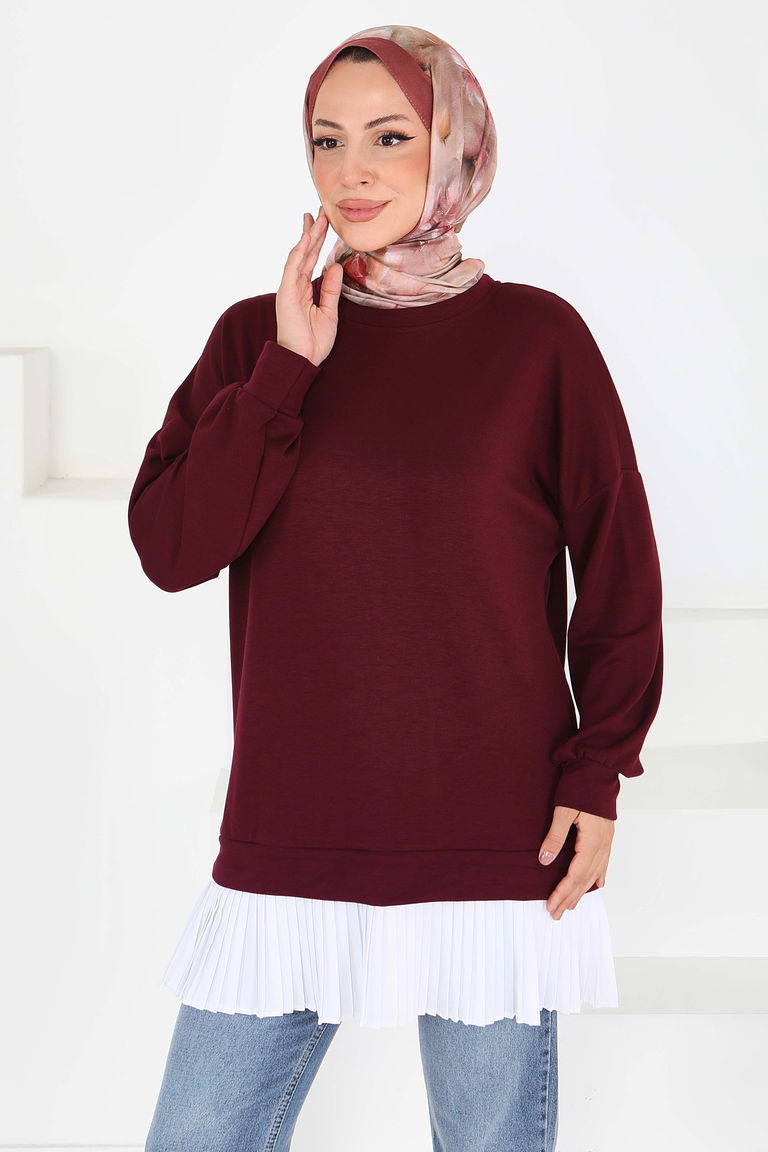 Eteği Pile Detaylı Modal Tunik - 27705-BORDO - TOFİSA