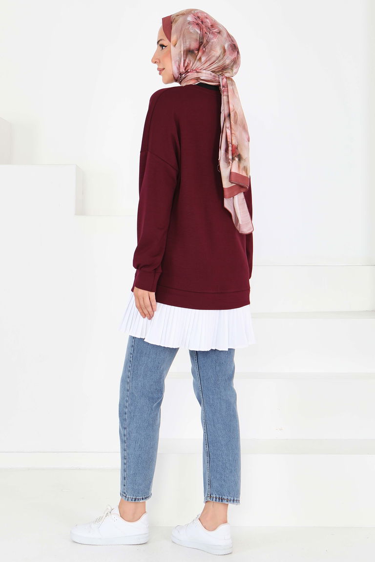Eteği Pile Detaylı Modal Tunik - 27705-BORDO - TOFİSA