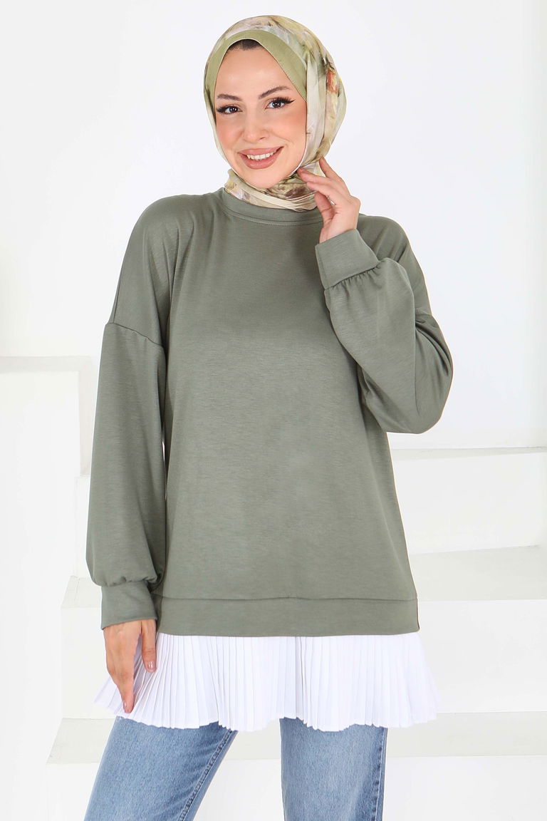 Eteği Pile Detaylı Modal Tunik - 27705-HAKI - TOFİSA