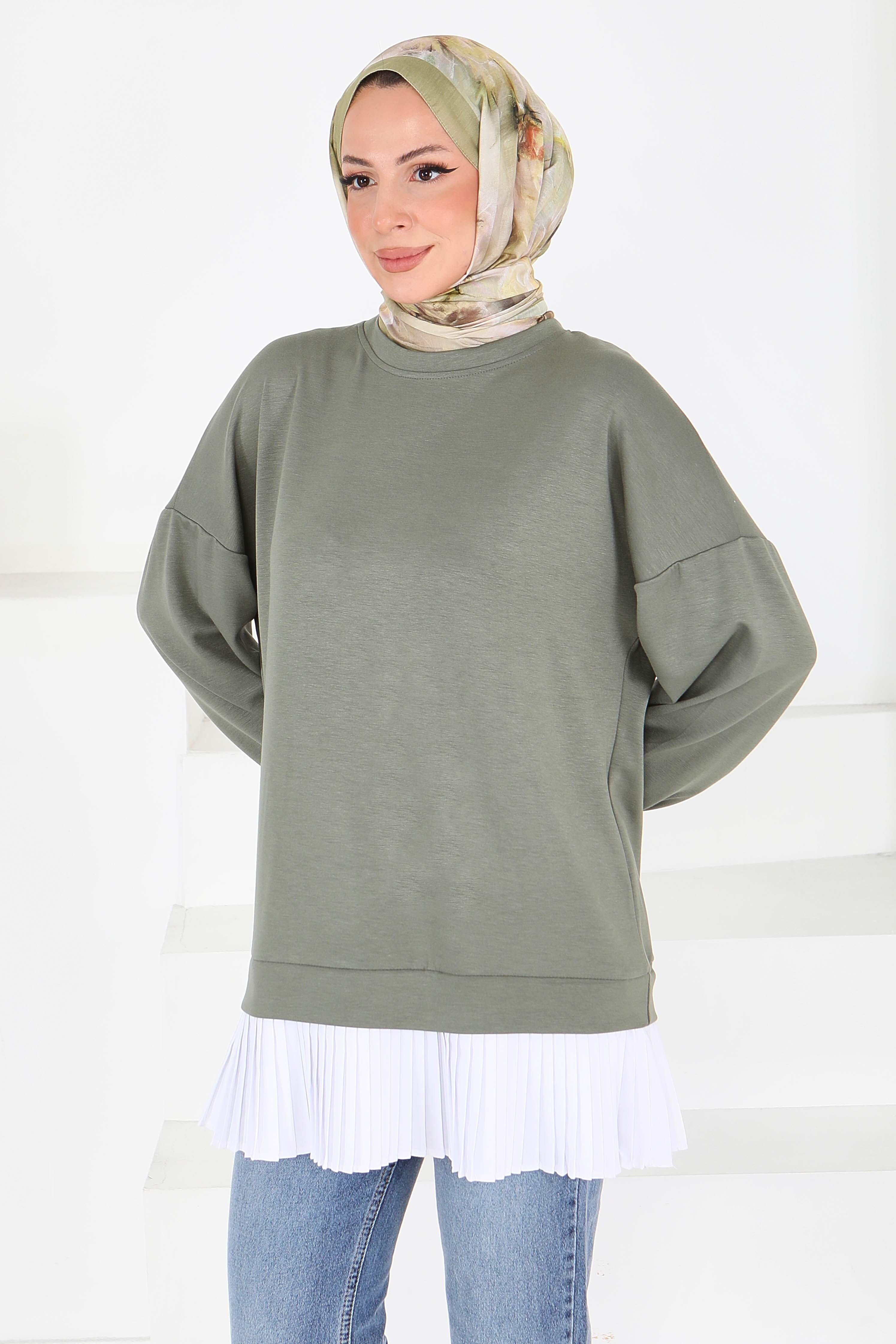 Eteği Pile Detaylı Modal Tunik - 27705-HAKI - 2