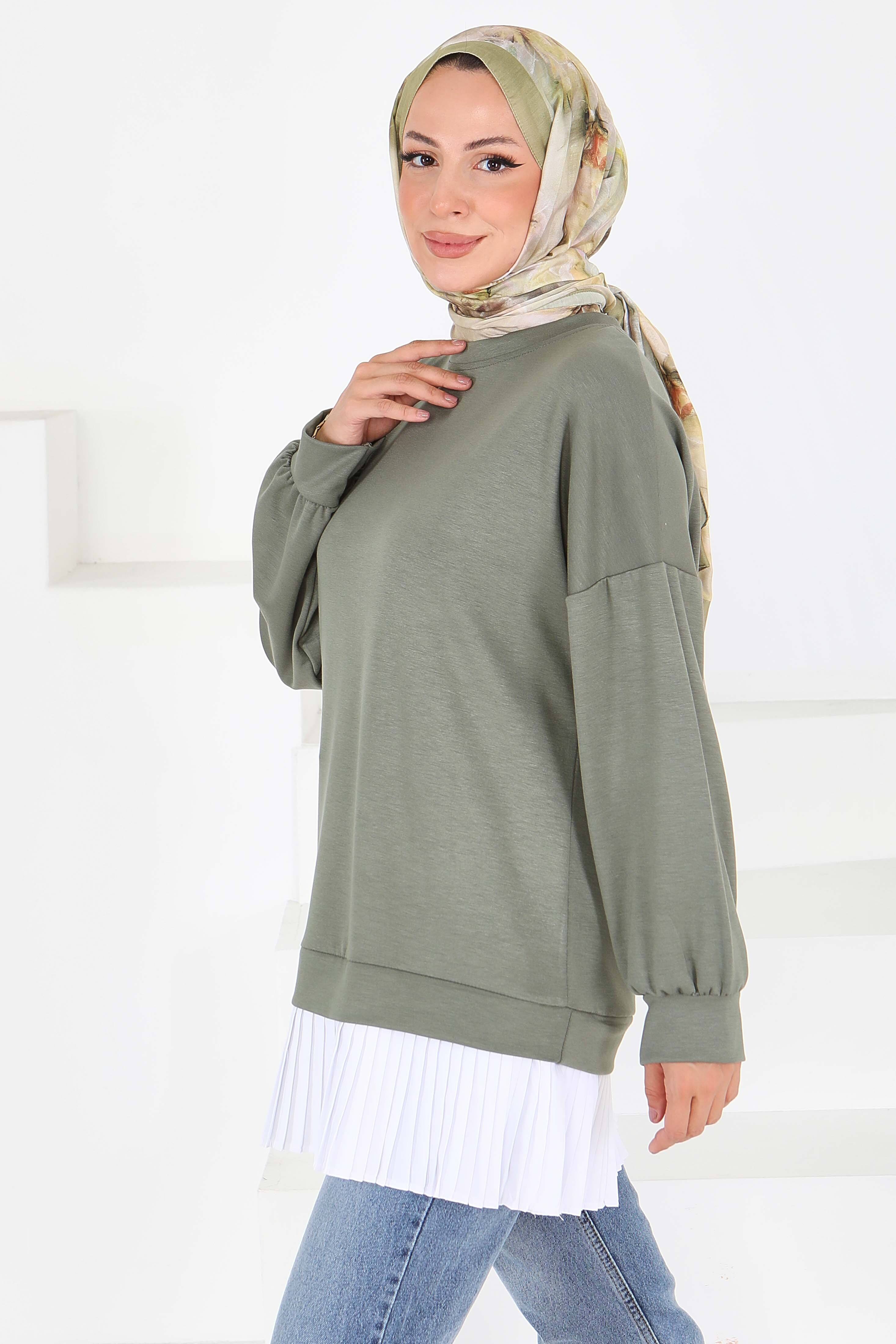 Eteği Pile Detaylı Modal Tunik - 27705-HAKI - 3