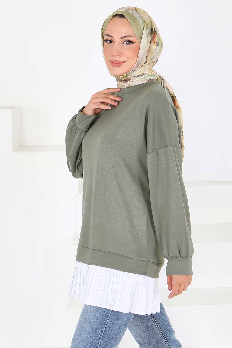 Eteği Pile Detaylı Modal Tunik - 27705-HAKI - TOFİSA