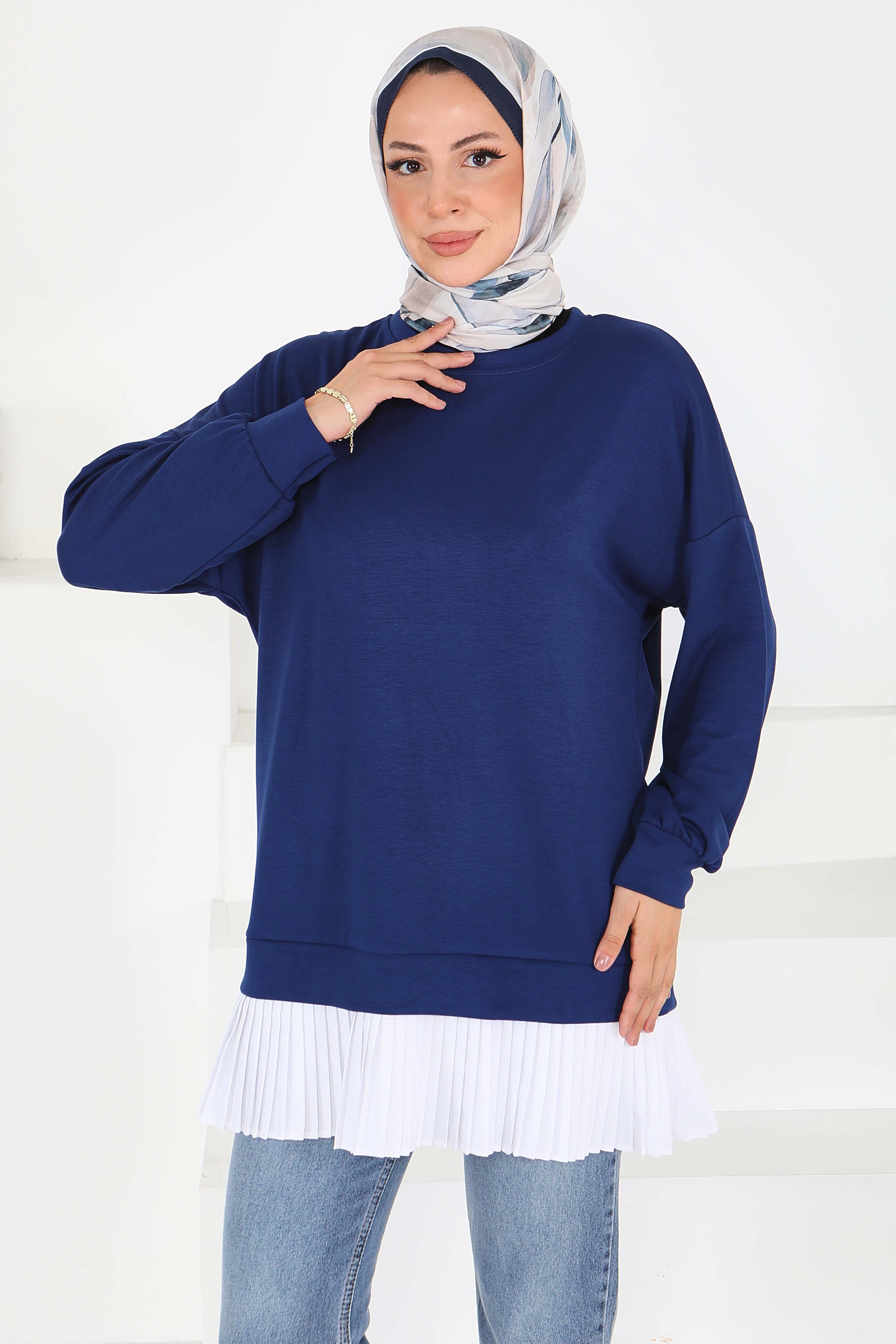 Eteği Pile Detaylı Modal Tunik - 27705-LACIVERT - 3