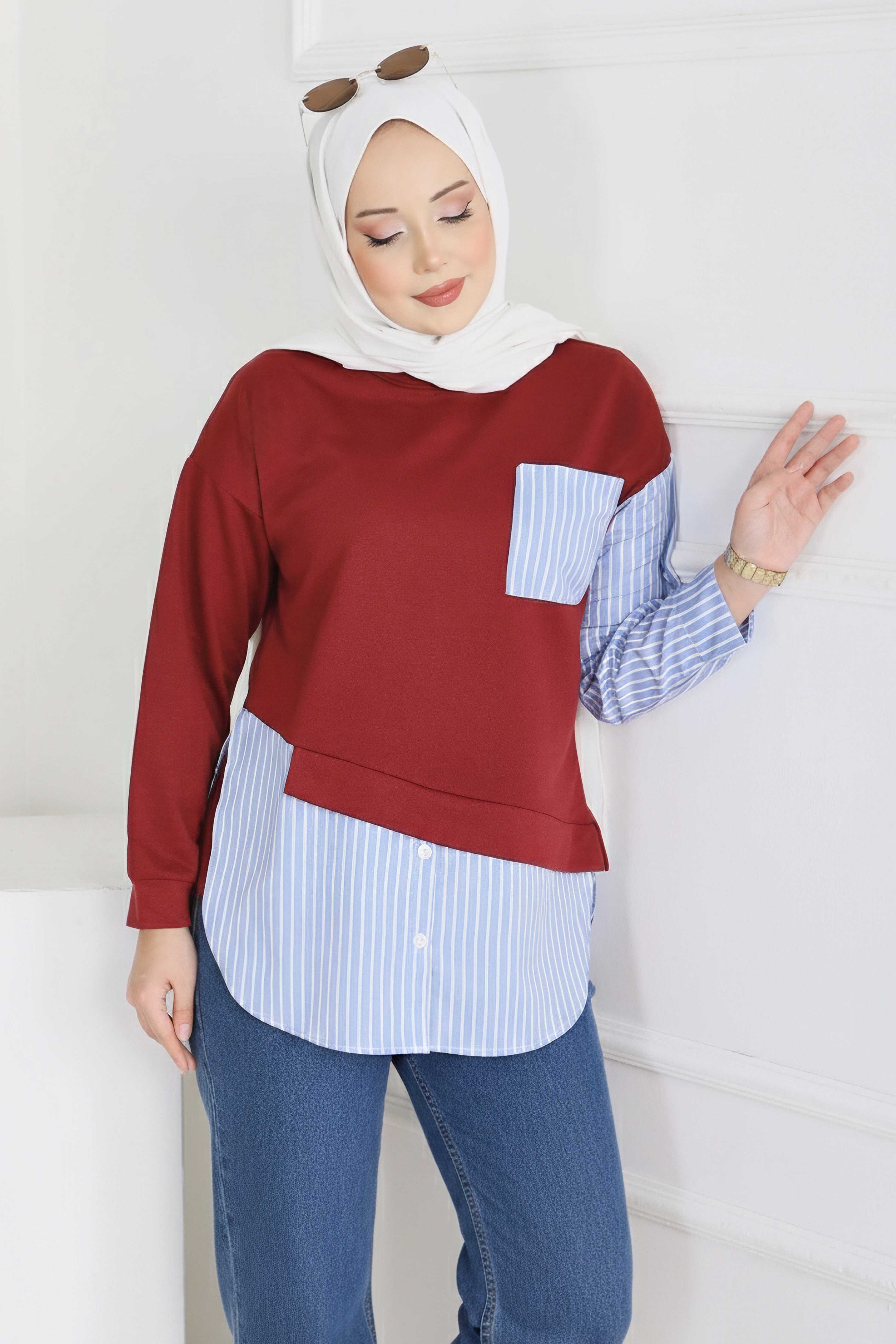 Etek Ve Cep Çizgili Detaylı Tunik - 2064-BORDO - 2