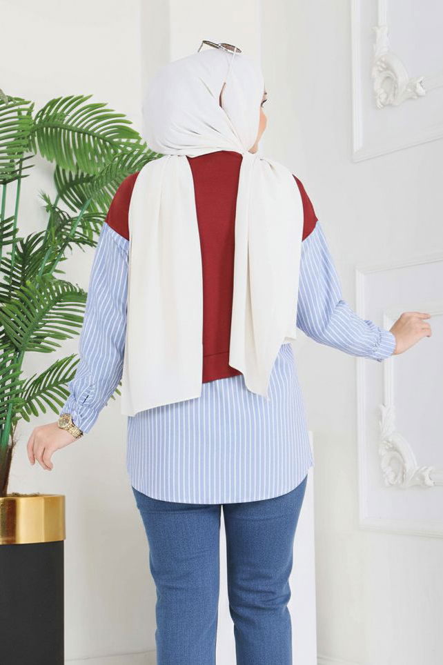 Etek Ve Cep Çizgili Detaylı Tunik - 2064-BORDO - 3