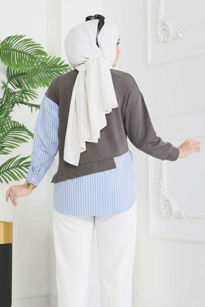 Etek Ve Cep Çizgili Detaylı Tunik - 2064-FUME - 3