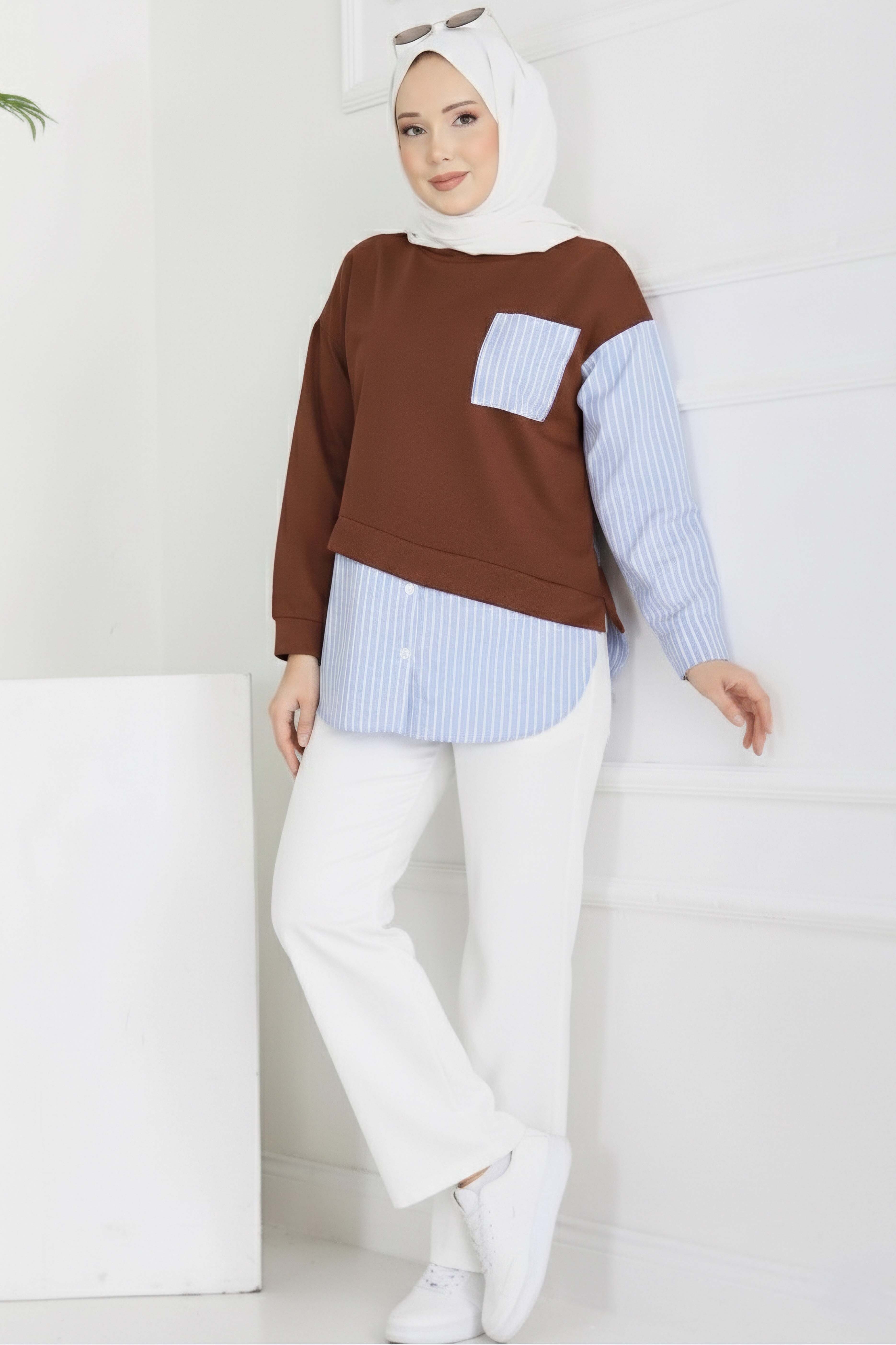 Etek Ve Cep Çizgili Detaylı Tunik - 2064-KAHVE - 1