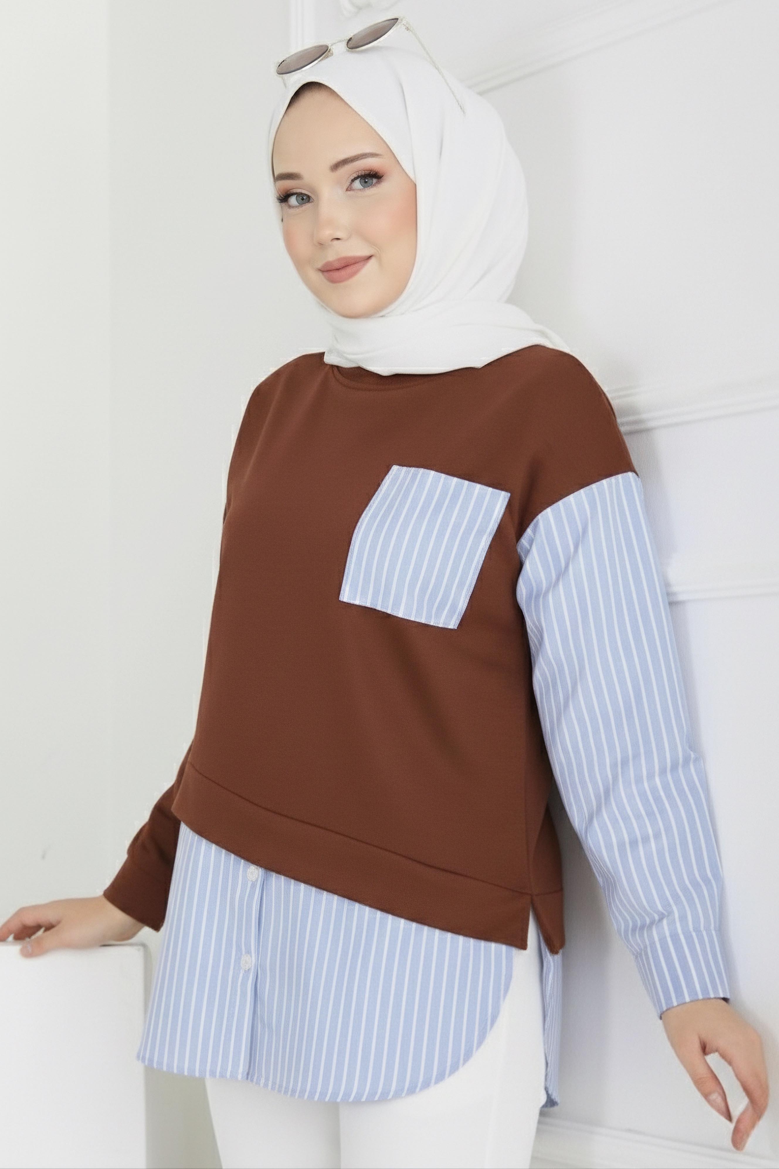 Etek Ve Cep Çizgili Detaylı Tunik - 2064-KAHVE - 2