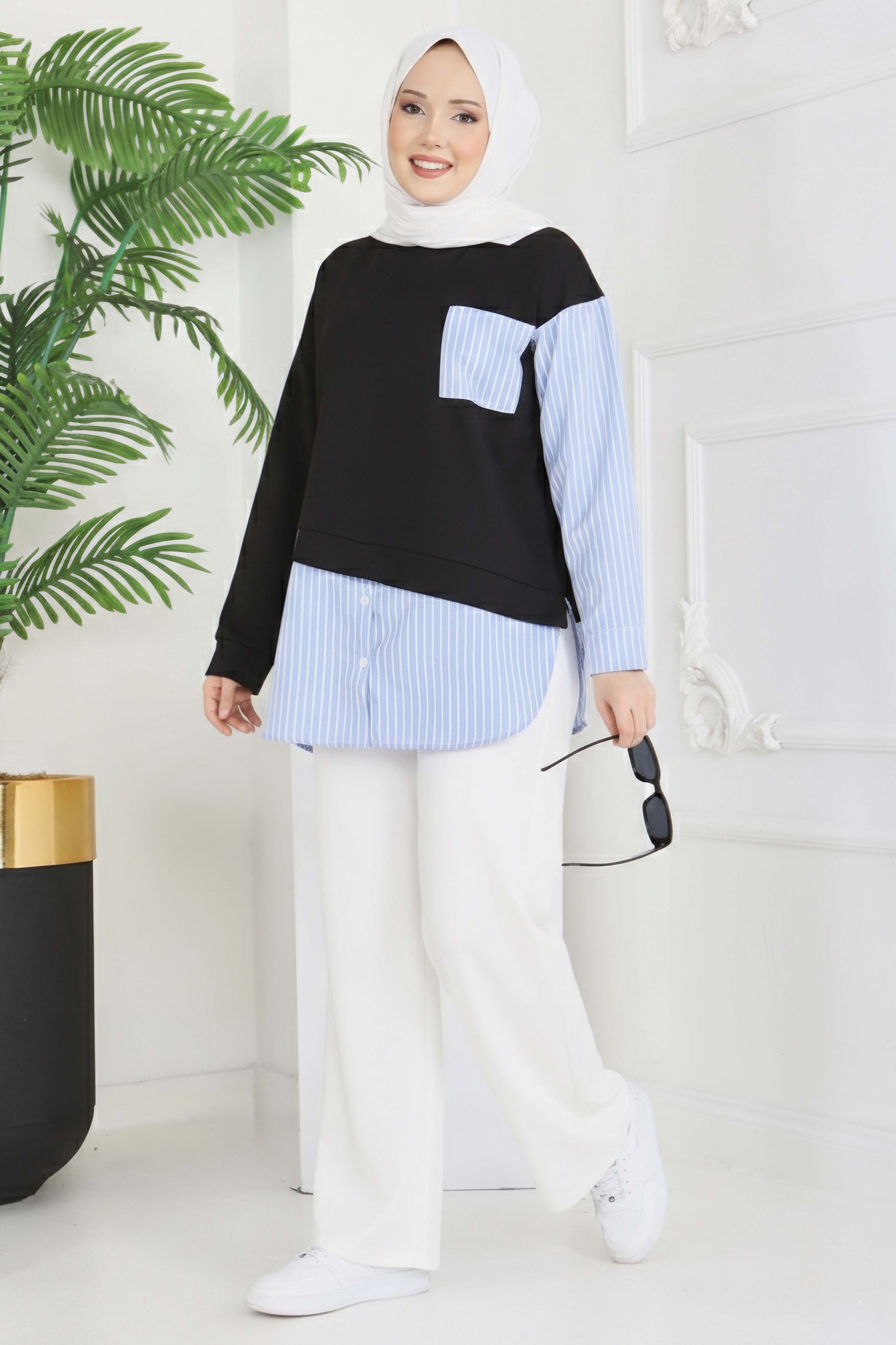 Etek Ve Cep Çizgili Detaylı Tunik - 2064-SIYAH - 2