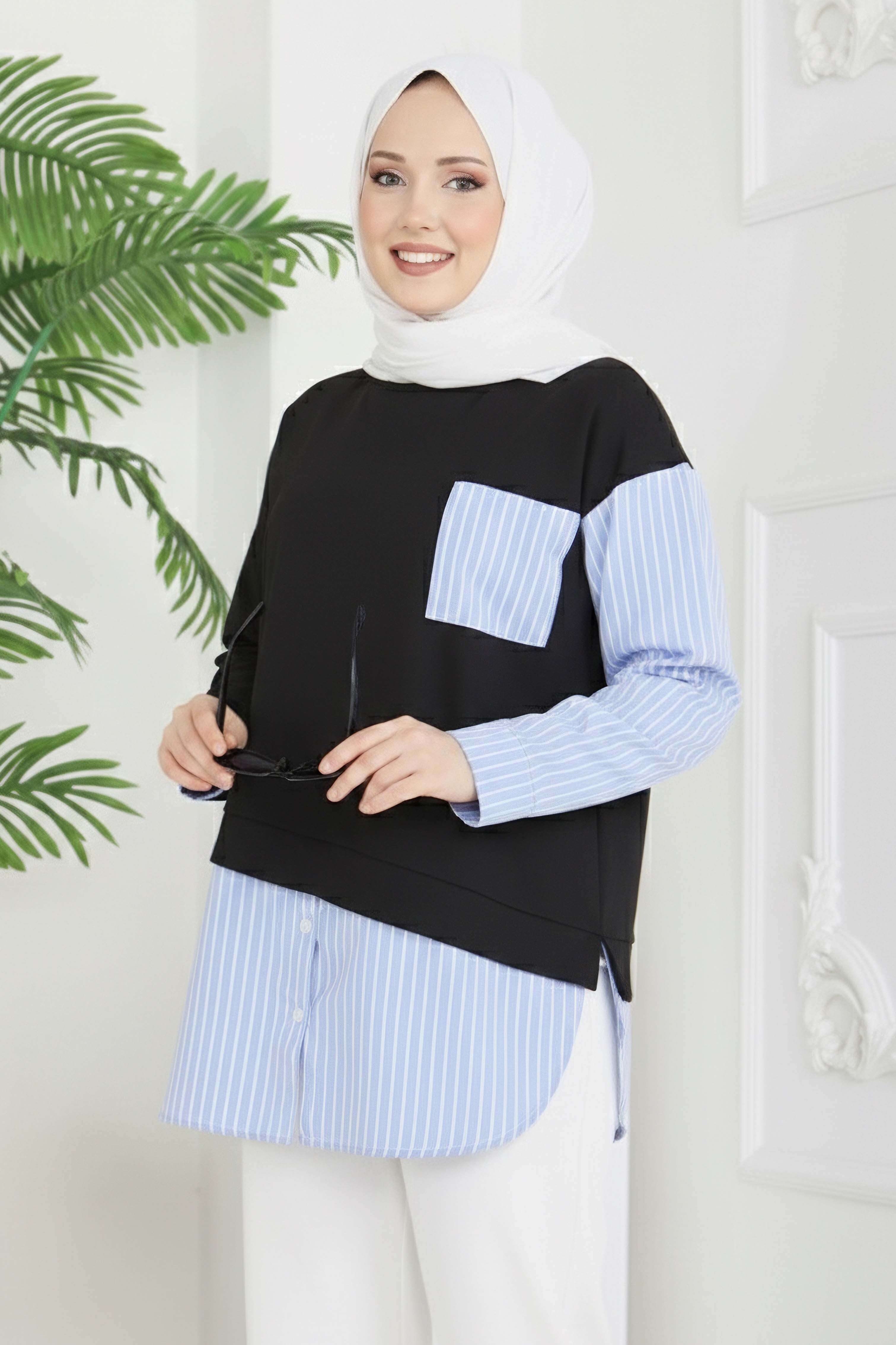 Etek Ve Cep Çizgili Detaylı Tunik - 2064-SIYAH - 1