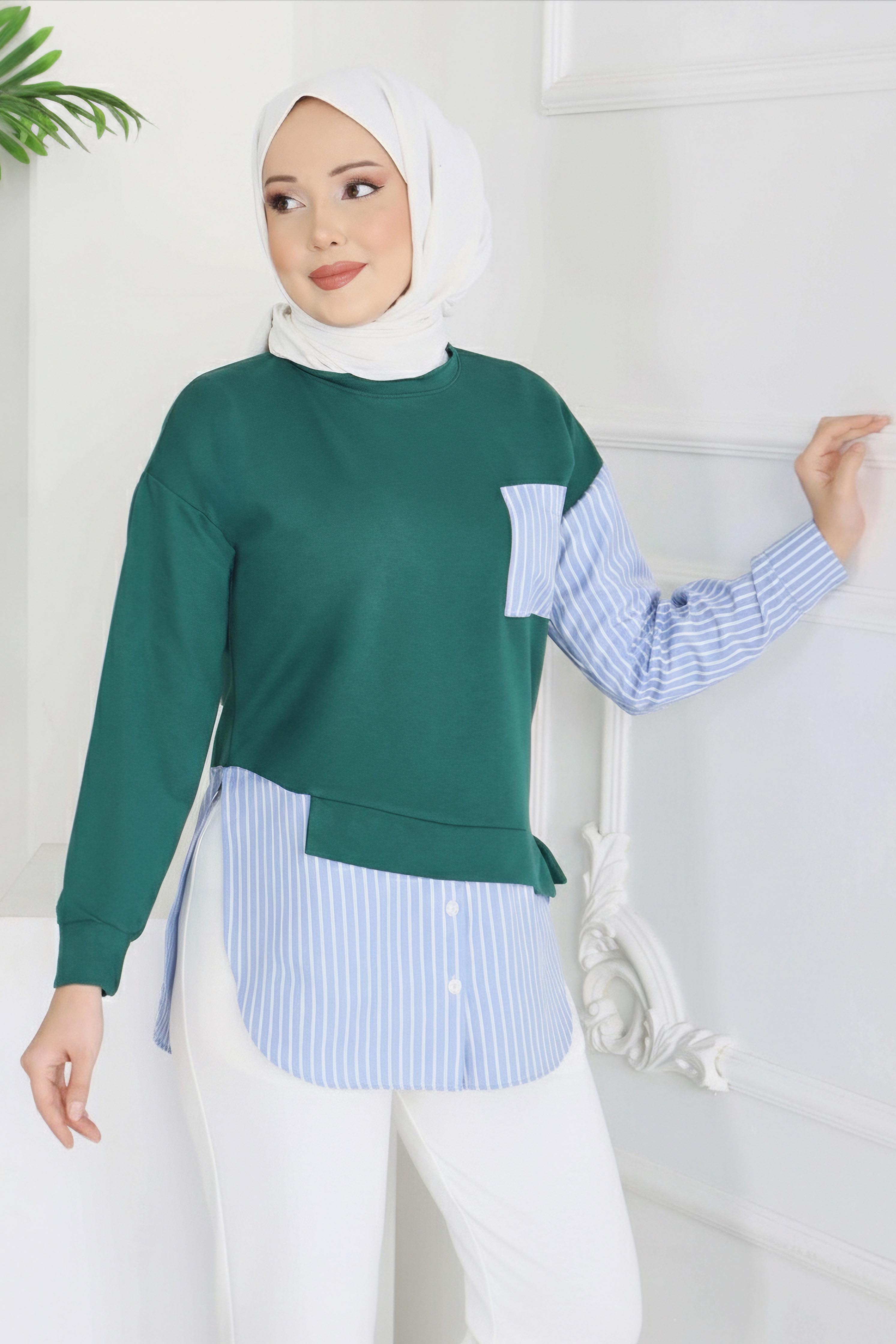 Etek Ve Cep Çizgili Detaylı Tunik - 2064-ZUMRUT - 1