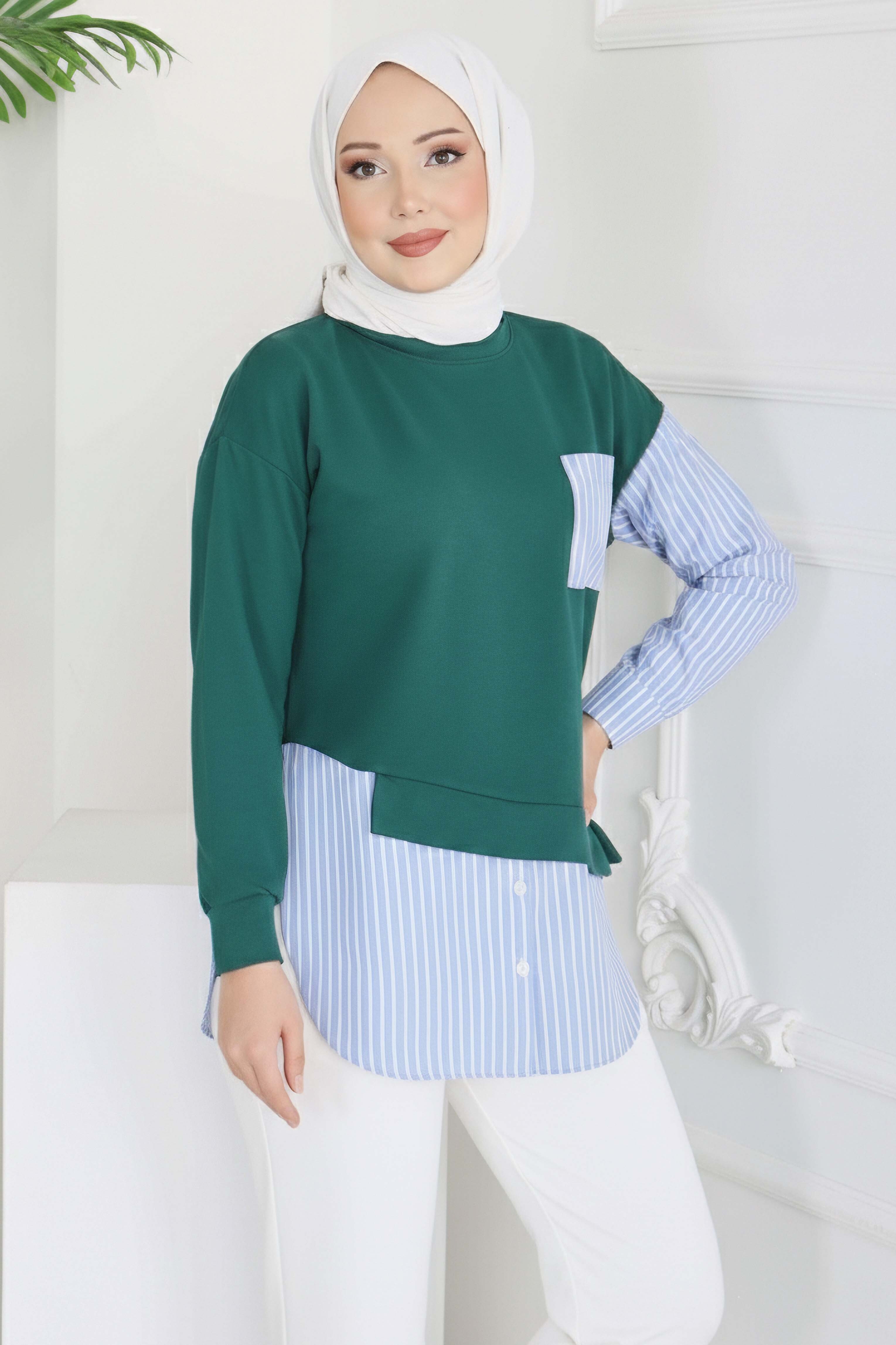 Etek Ve Cep Çizgili Detaylı Tunik - 2064-ZUMRUT - 2