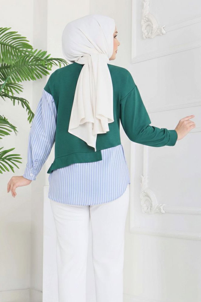 Etek Ve Cep Çizgili Detaylı Tunik - 2064-ZUMRUT - 3