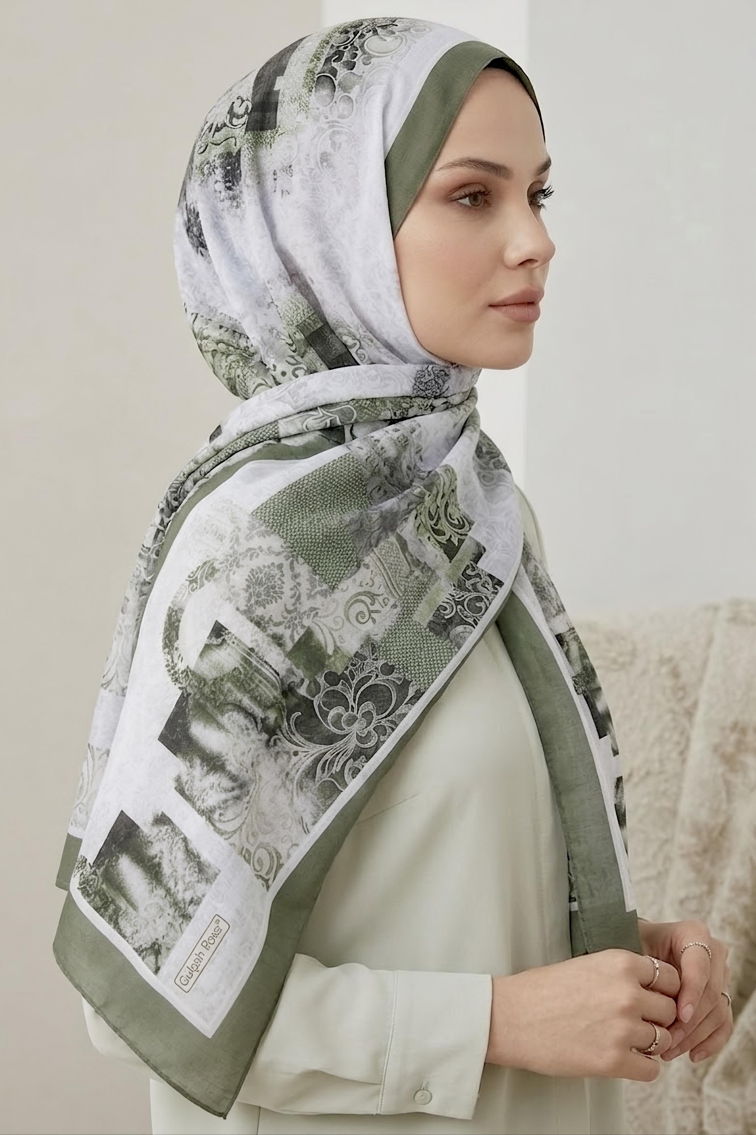 Etnik Desen Pamuk Şal Haki - 28760-HAKI - 2