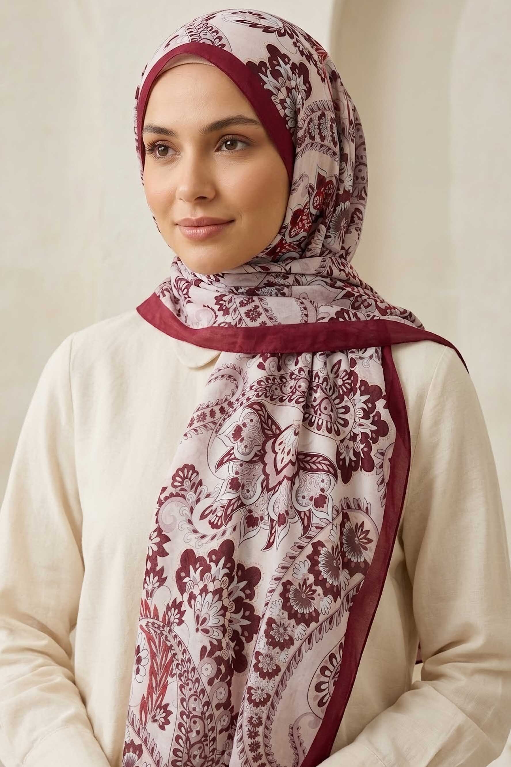 Etnik Desen Pamuklu Şal Bordo - 28683-BORDO - 2
