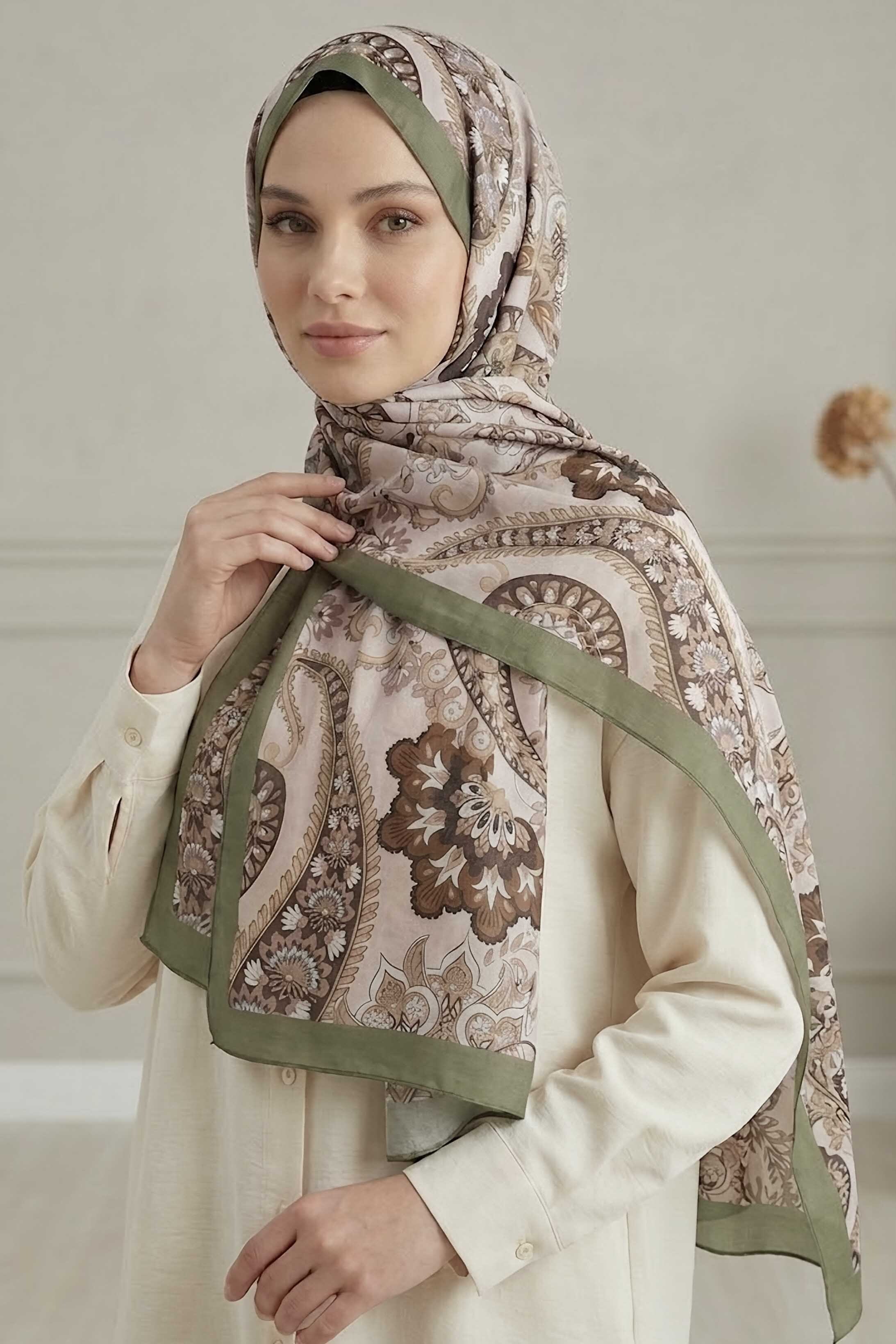 Etnik Desen Pamuklu Şal Haki - 28683-HAKI - 1