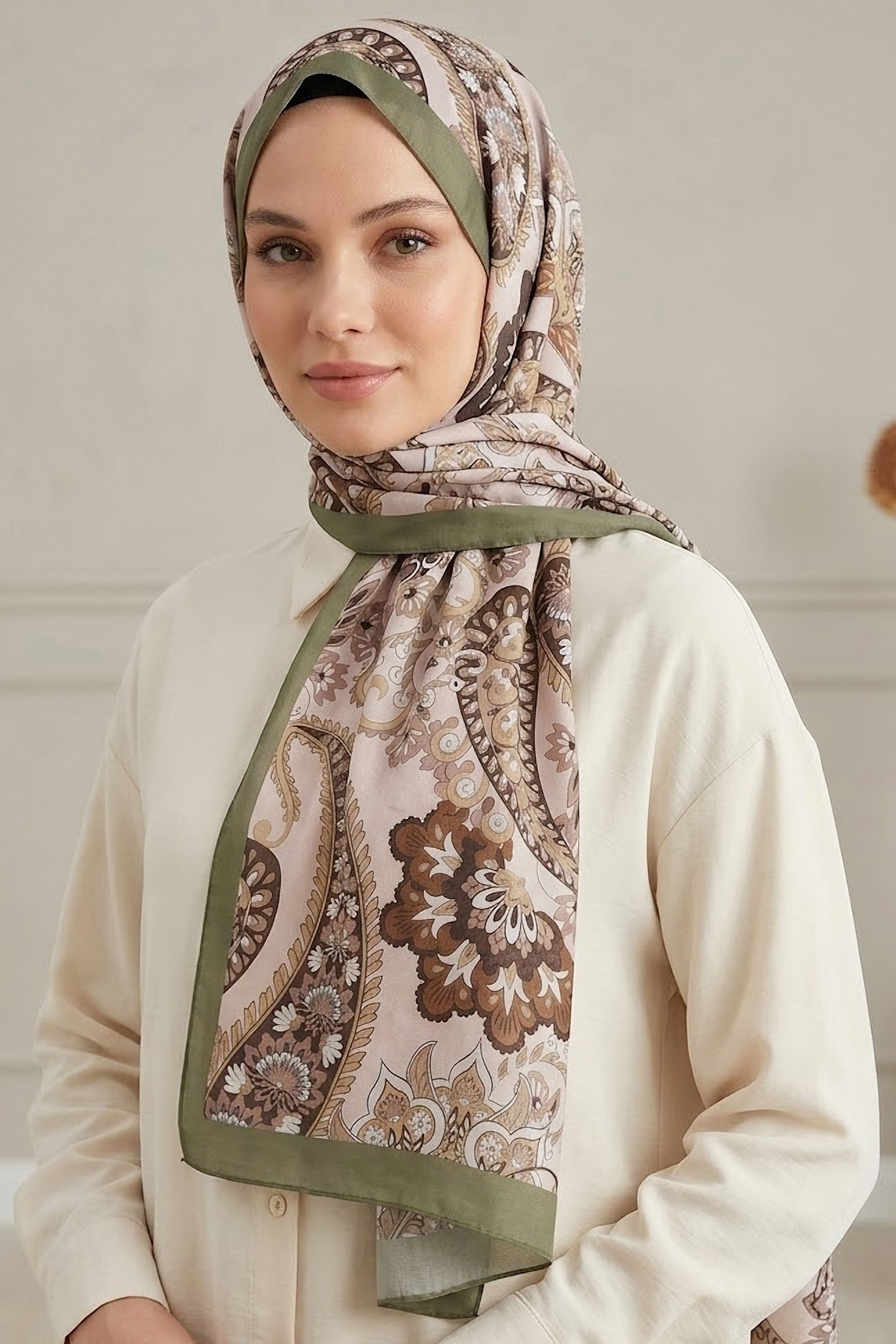 Etnik Desen Pamuklu Şal Haki - 28683-HAKI - 2